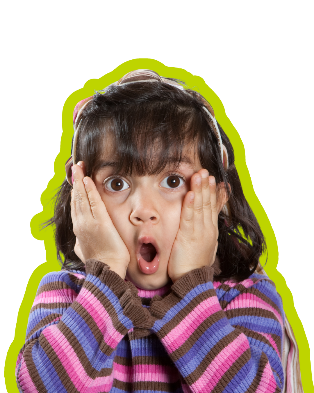 A young girl with dark brown hair and wide eyes has her hands on her cheeks and mouth open, expressing surprise.