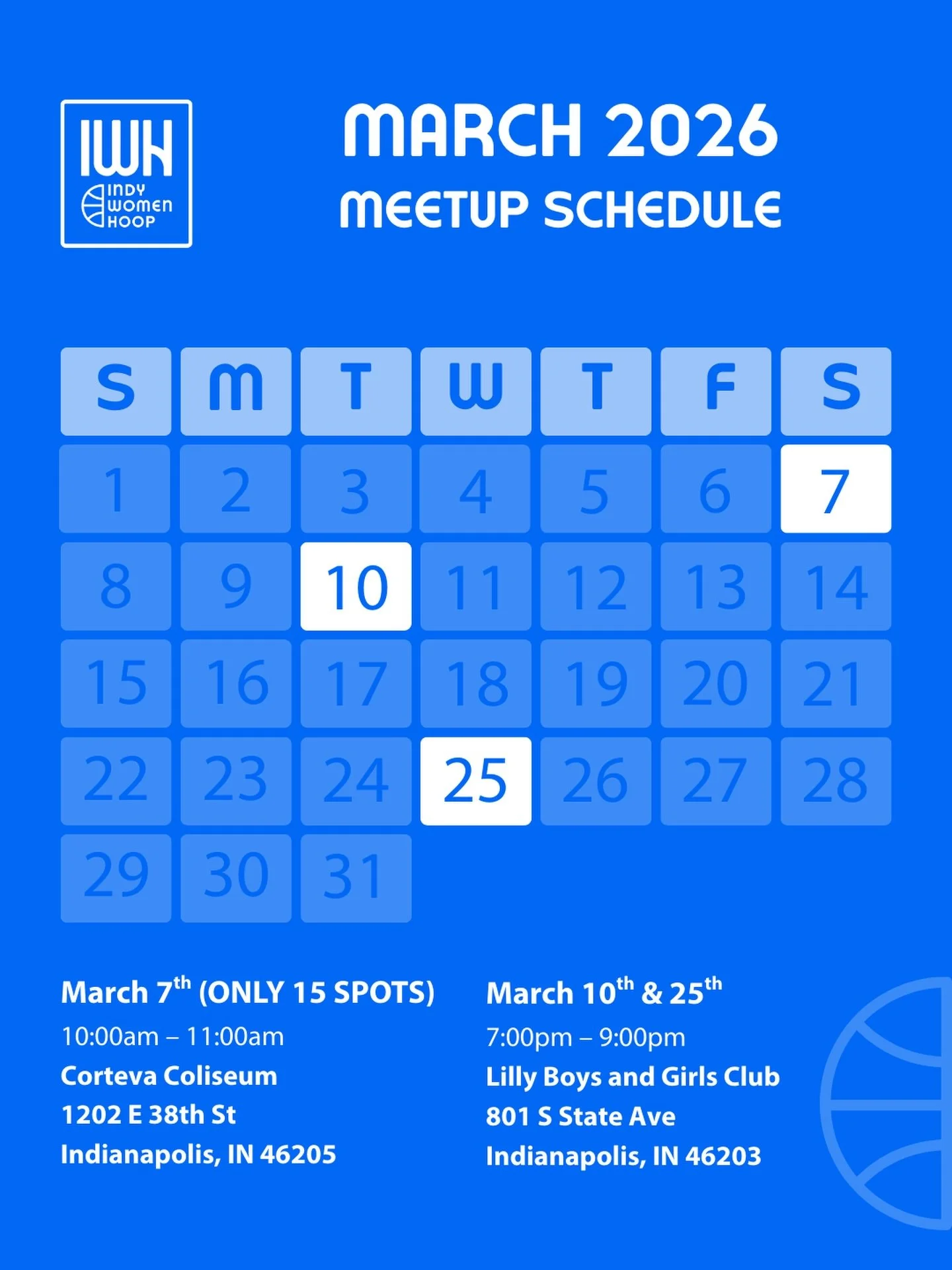IT&rsquo;S MARCHHHH LETS HOOP! 

March 7th we&rsquo;re having an hour shootaround on the @horizonleague tournament court! Only 15 spots and comes with a ticket for one session to the tourney! 

March 10th and 25th are regular meetups at Lilly Boys an