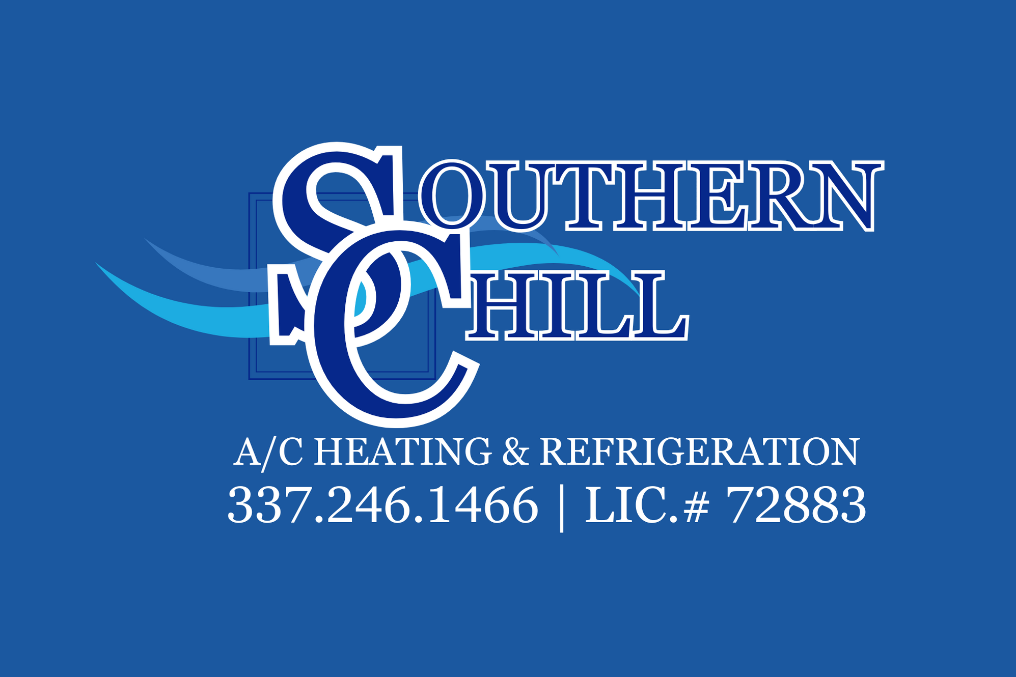 Business card for Southern Hill A/C Heating & Refrigeration with blue background, logo featuring stylized blue waves, and contact information including phone number and license number.
