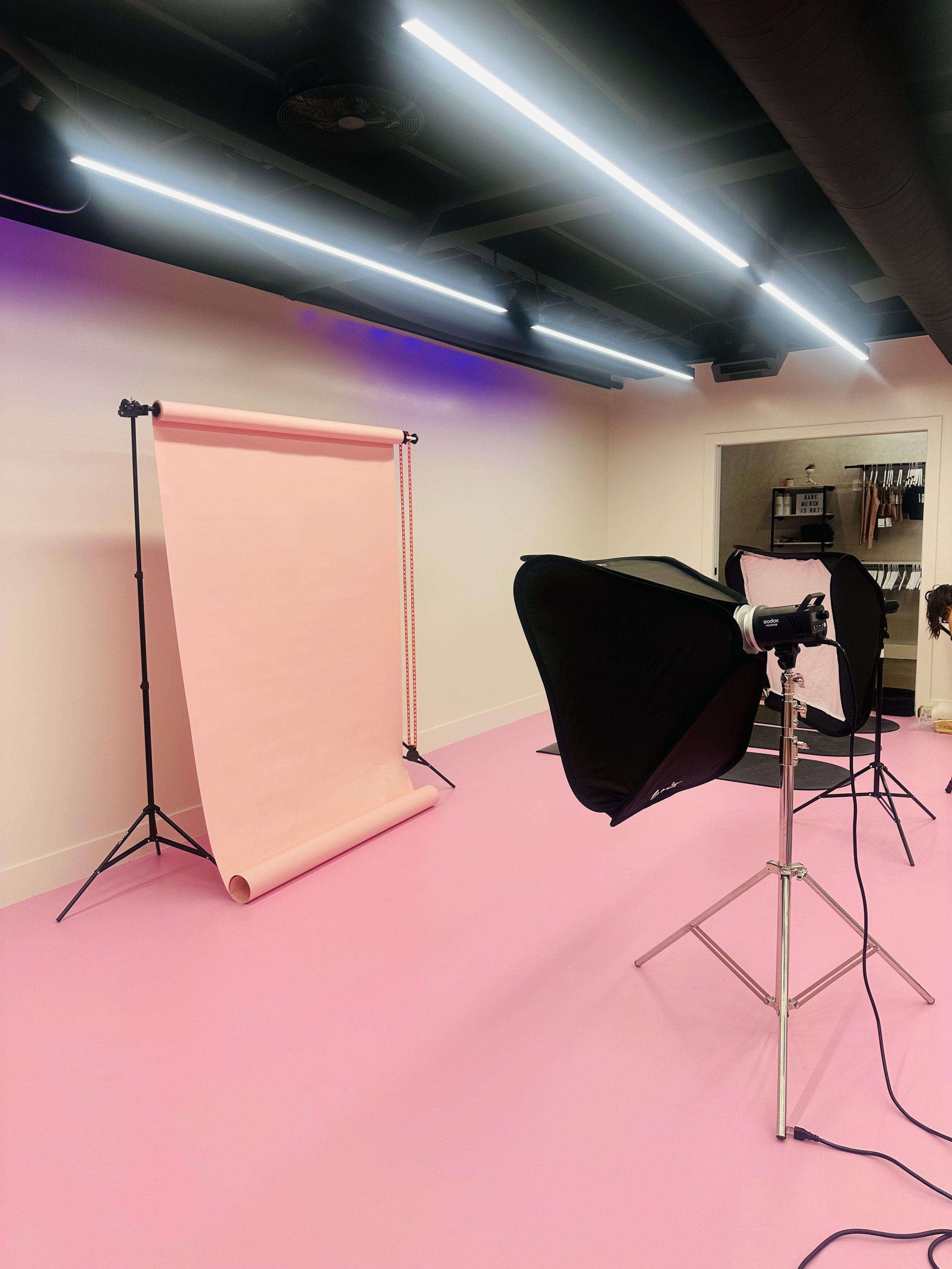 Photography studio setup with a pink backdrop on a stand, pink floor, professional lighting, and a softbox, indicating a space for photo or video shoots.