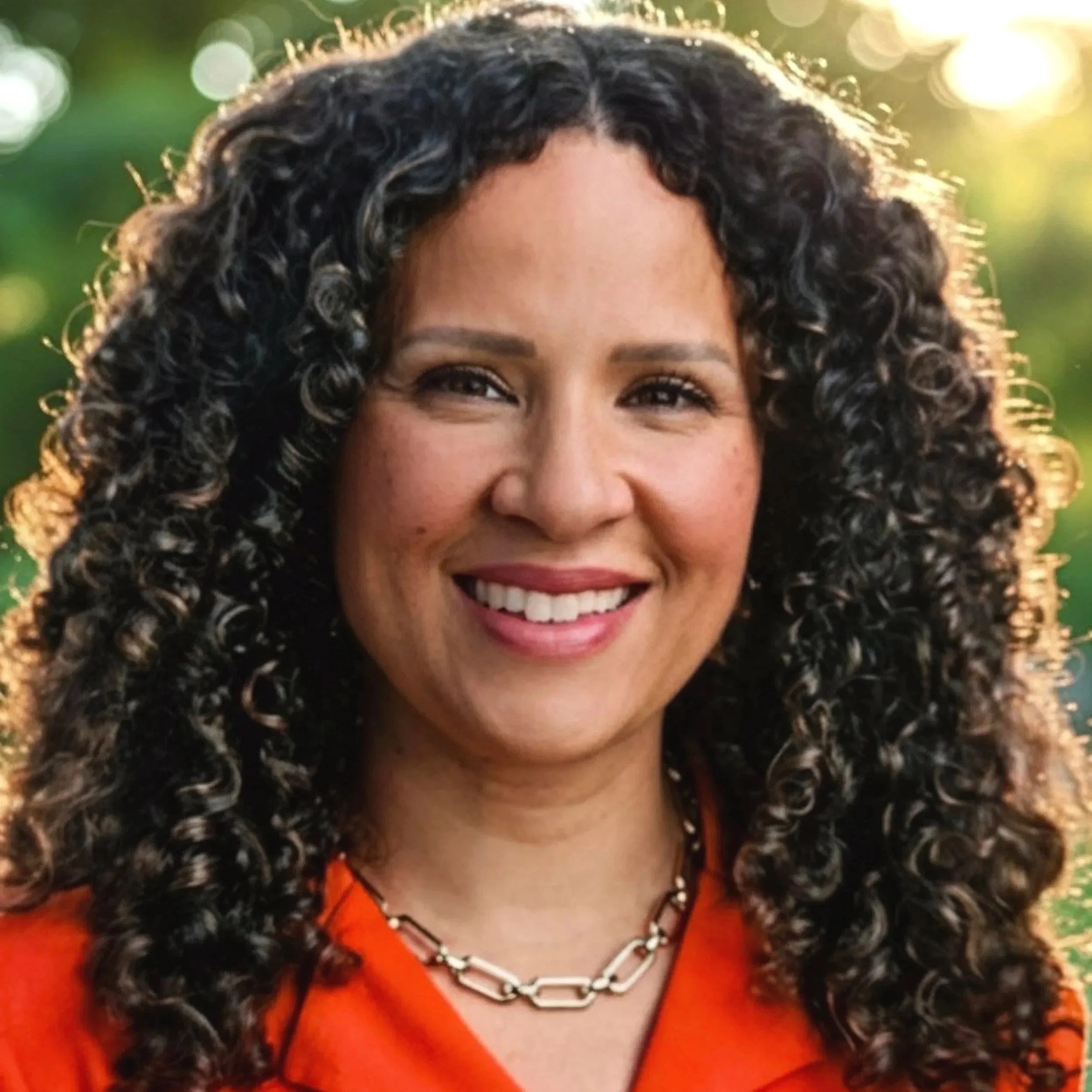 A smiling woman with dark, curly hair with warm backlighting