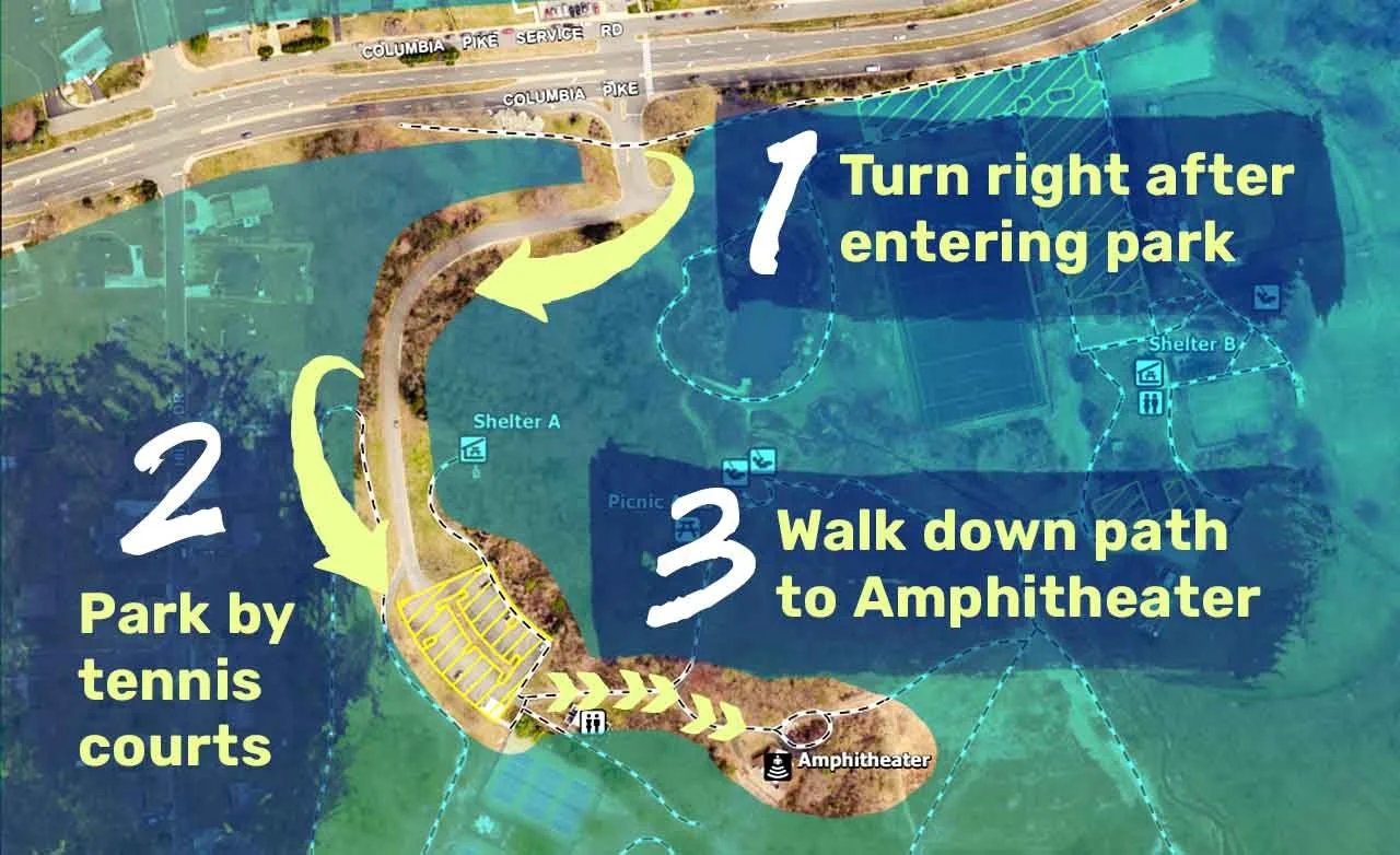 1. Turn right after entering park. 2. Park by tennis courts. 3. Walk down path to Amphitheater.