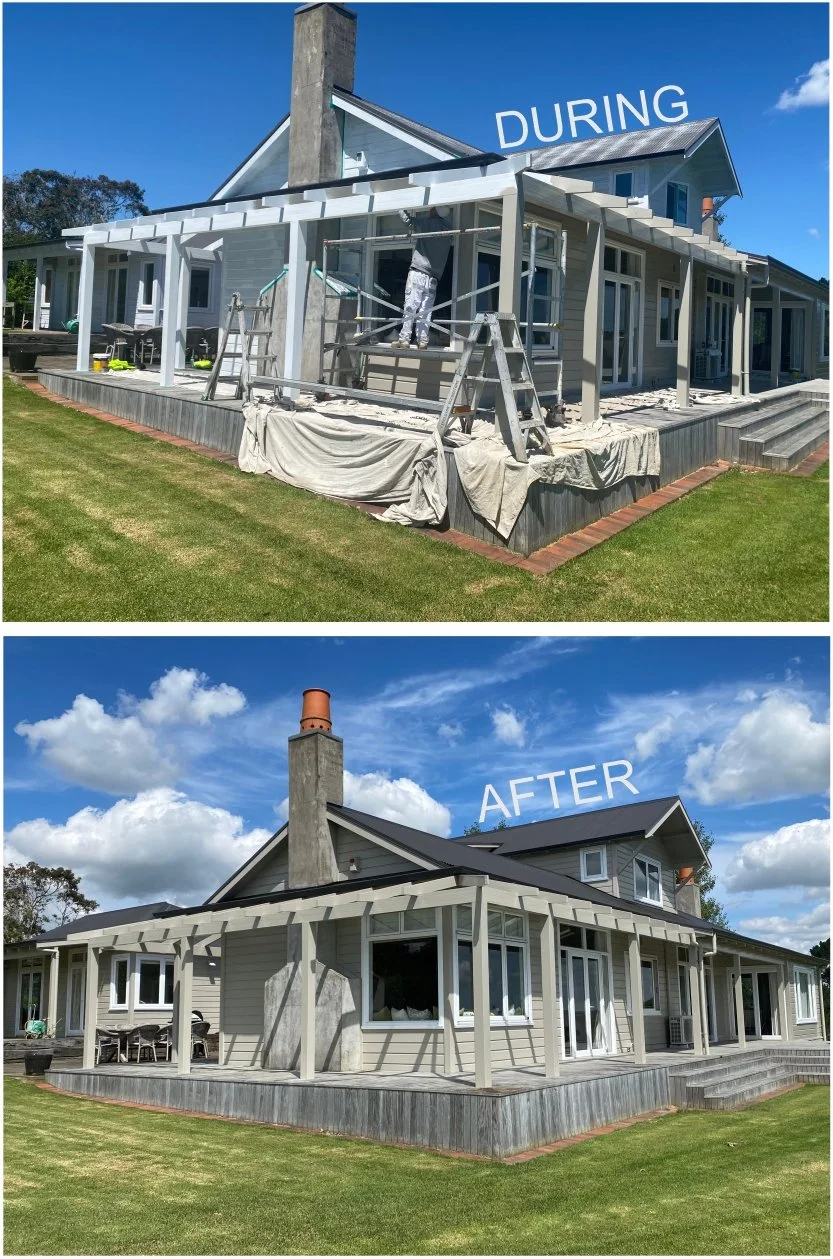 Side view of a house before and after exterior renovation with new siding and roof, on a sunny day with blue sky.