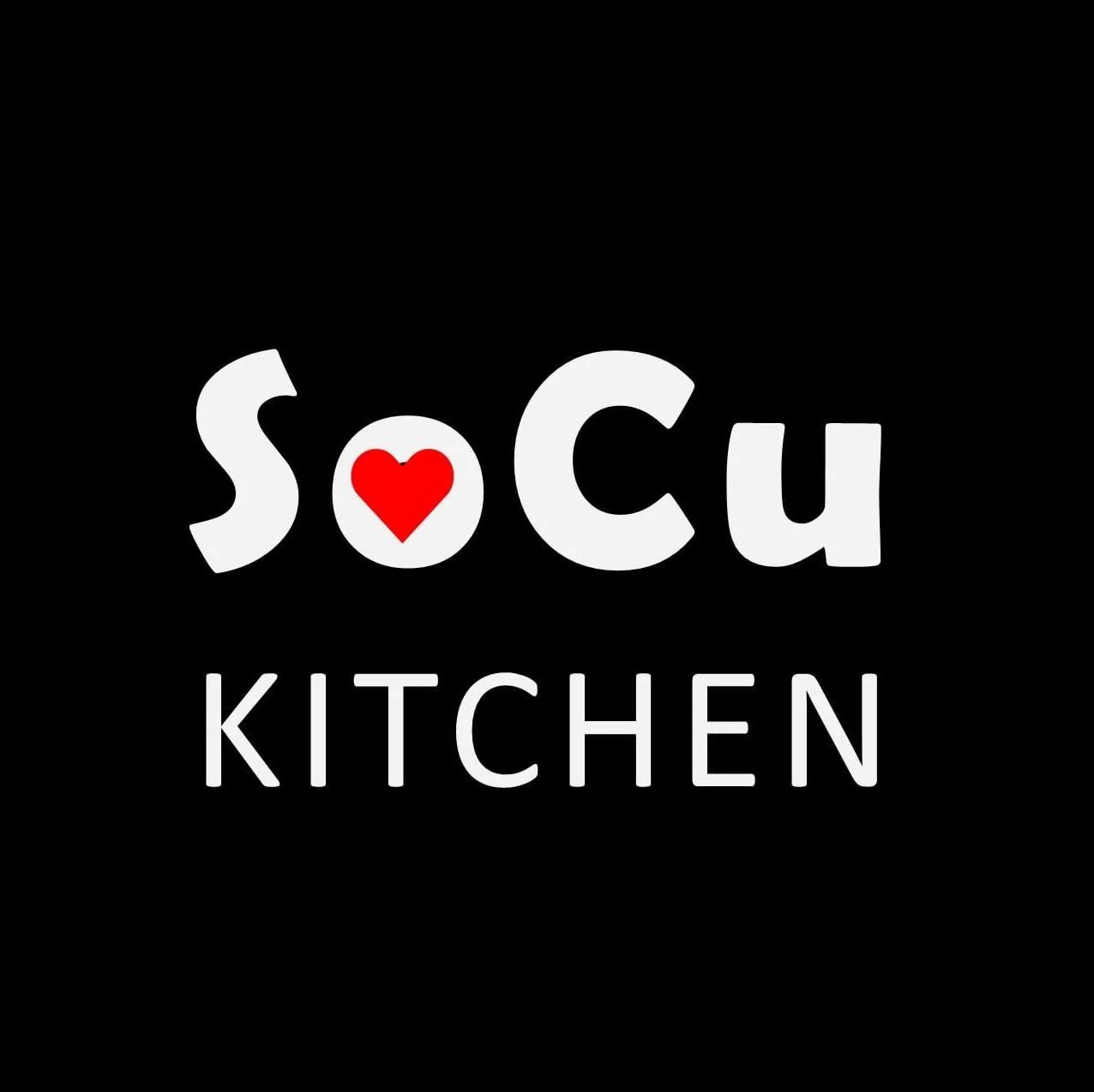 Black background with white text that says "So Cu KITCHEN" with a red heart in the "o" of "So"