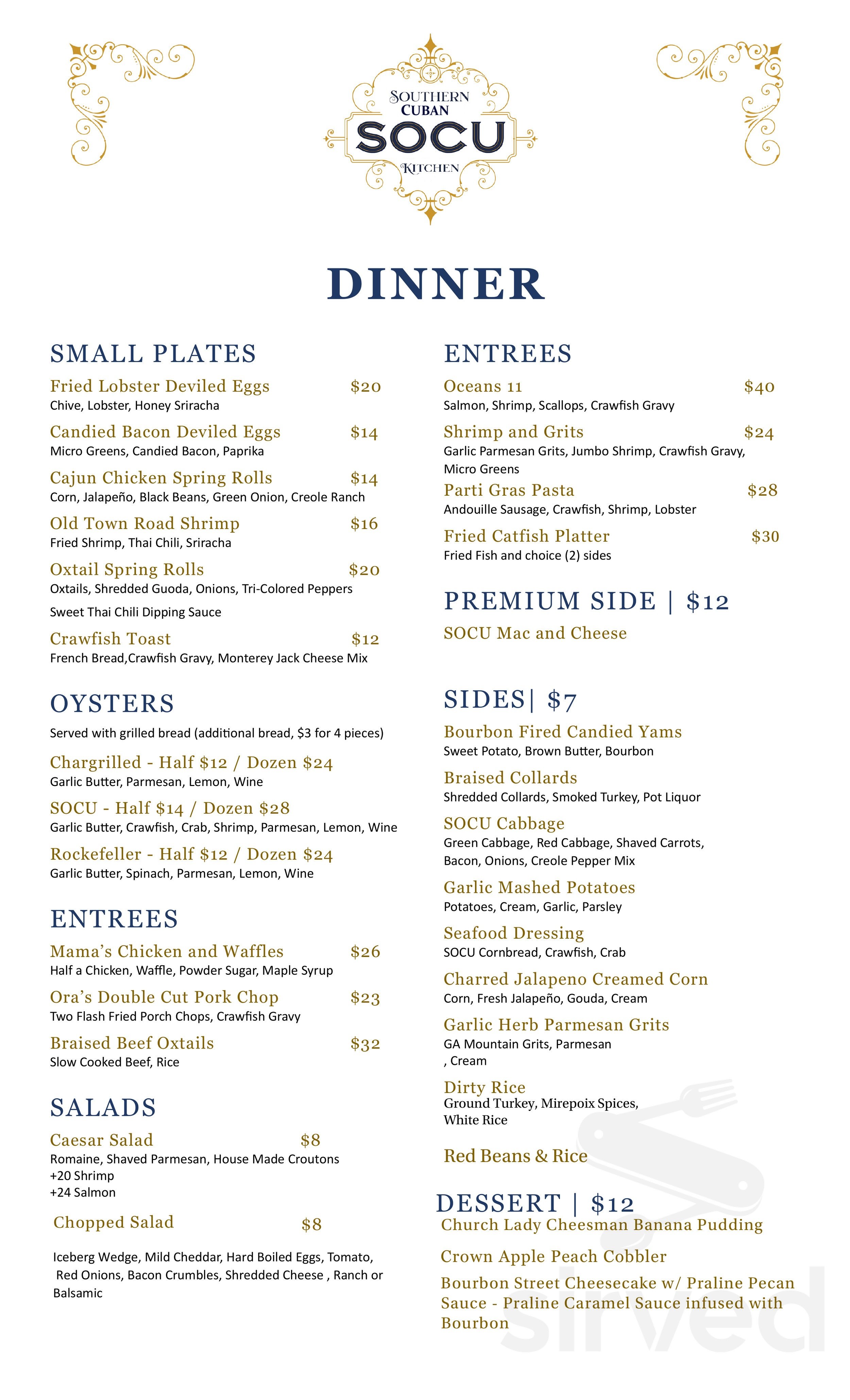 Menu page from Southern Cuban SOCU Kitchen featuring dinner options including small plates, oysters, entrees, sides, salads, desserts, and premiums. Dishes include fried lobster deviled eggs, candied bacon deviled eggs, Cajun chicken spring rolls, Old Town Road shrimp, crawfish toast, oysters, chicken and waffles, pork chop, braised beef oxtails, and various seafood and veggie sides.