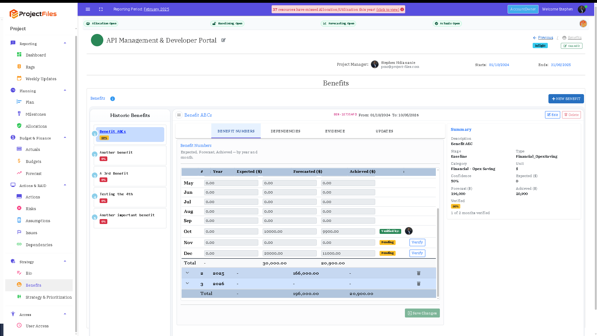 Benefits realisation tracking expected project value against actual outcomes