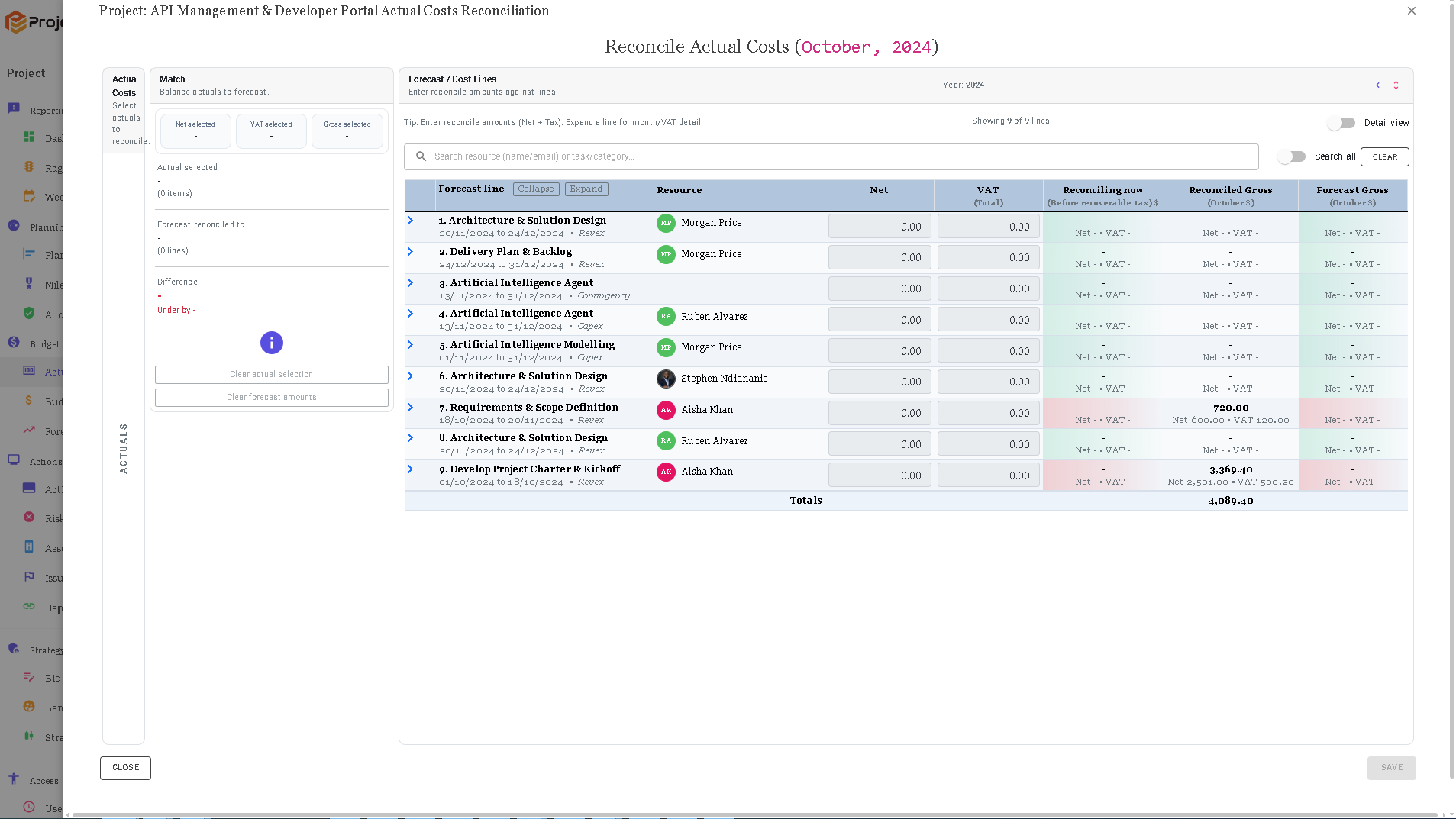 ProjectFiles actual cost reconciliation page.
