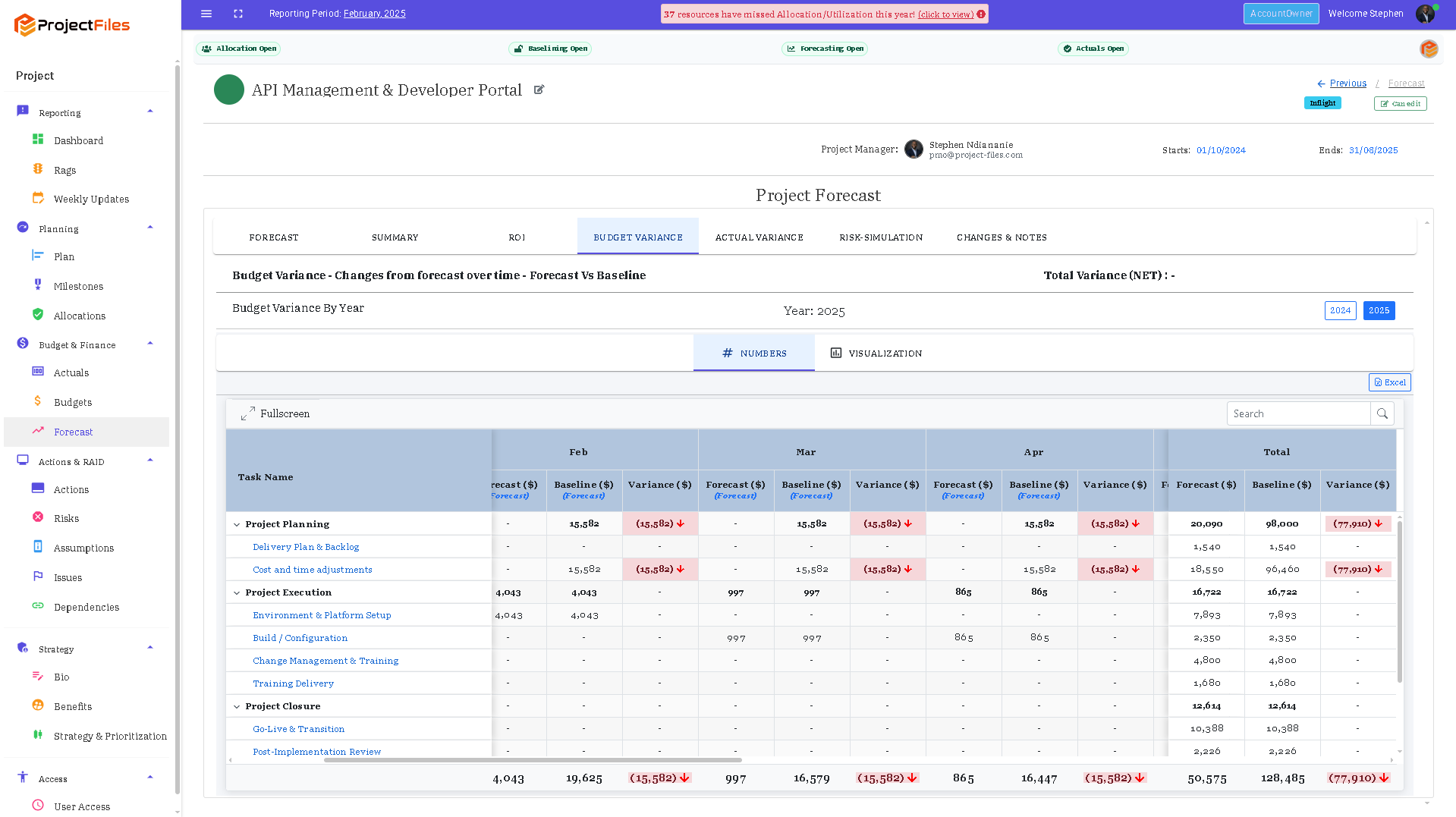 Project portfolio management software showing monthly budget forecast actuals and variance control