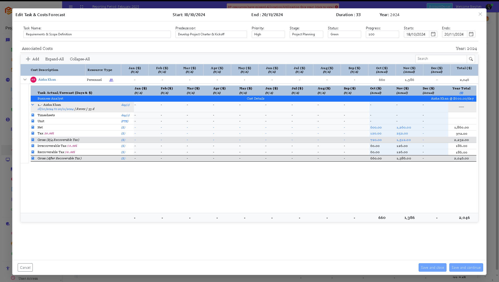 A resource task and cost breakdown in ProjectFiles