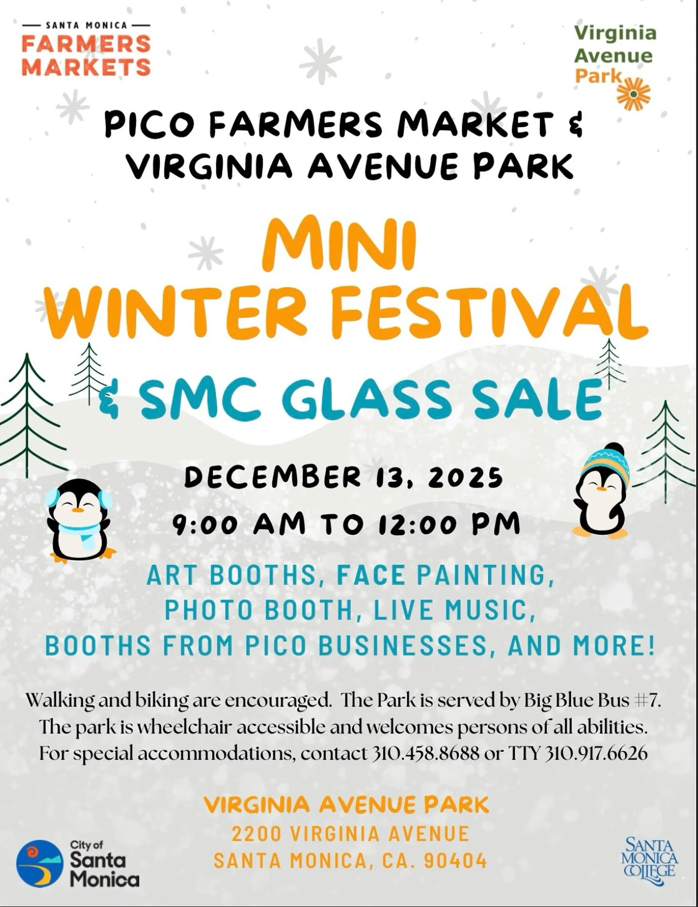 Join us on December 13, at the Santa Monica Farmers Market right here on Pico for the Mini Winter Festival! There will music, crafts, food, booths from some of your favorite businesses including @cotoimportsllc, @smanimalkingdom, @virtualsnowla, @the