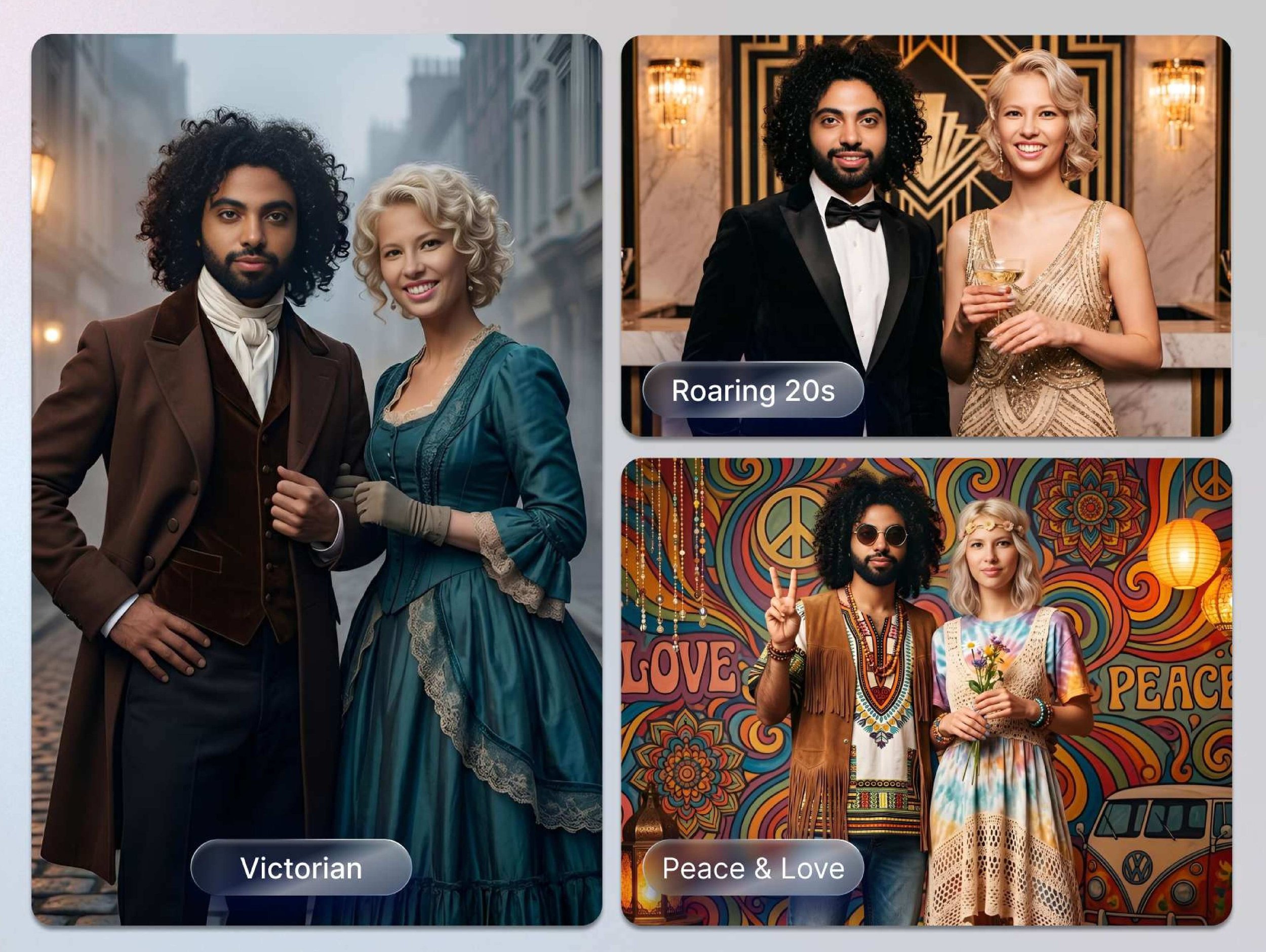 AI Photo Booth Eras

Travel through time with AI MultiVerse Eras by Xpressbooth and experience history like never before. With just one photo, our AI transforms you into an authentic character from some of the world's most iconic decades and historic