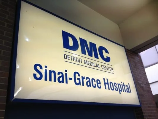 Hospital sign for Sinai-Grace Hospital at Detroit Medical Center.