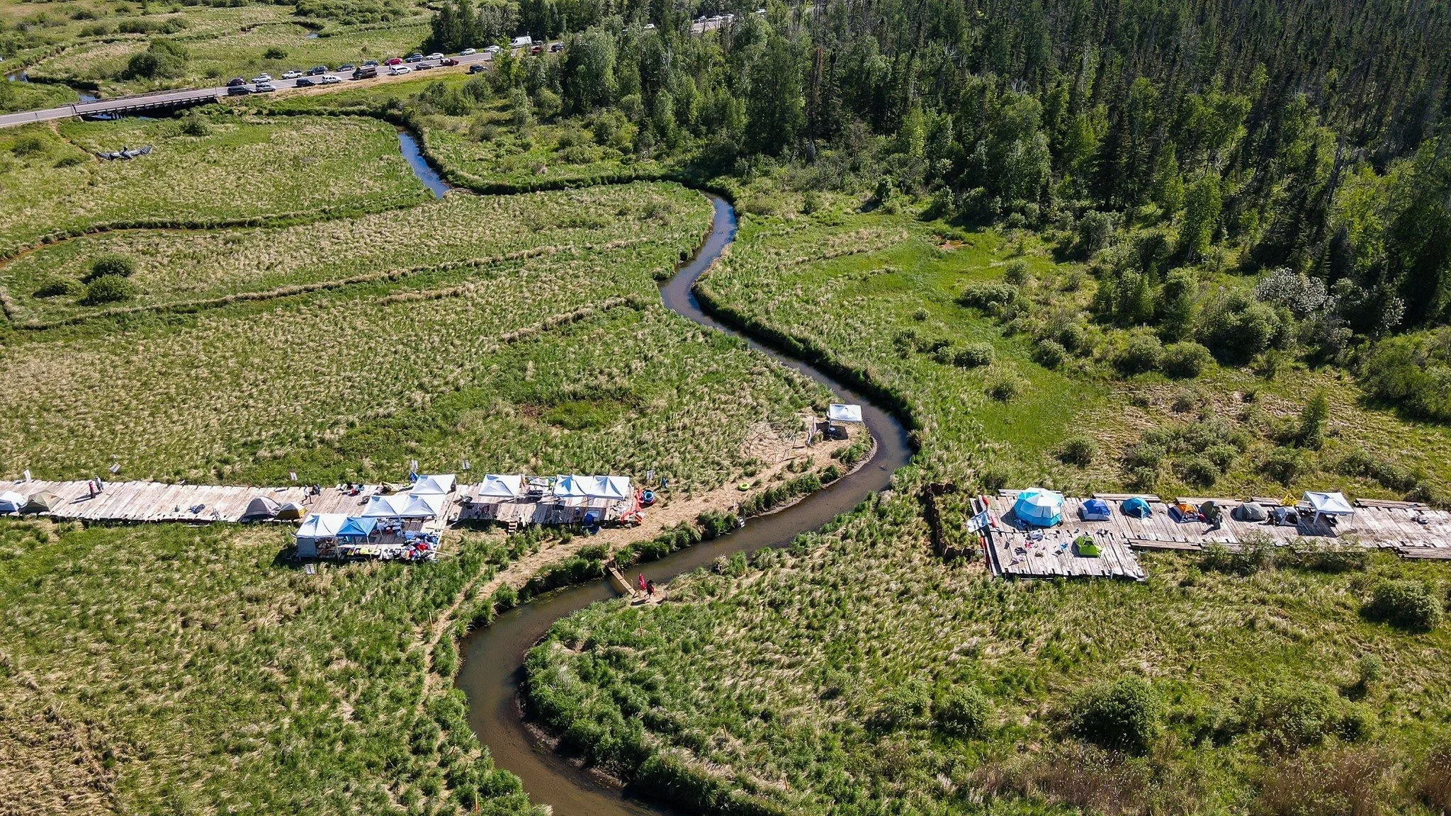Treaty People Gathering on Enbridge Line 3. 
Aerial view of pipeline water crossing.