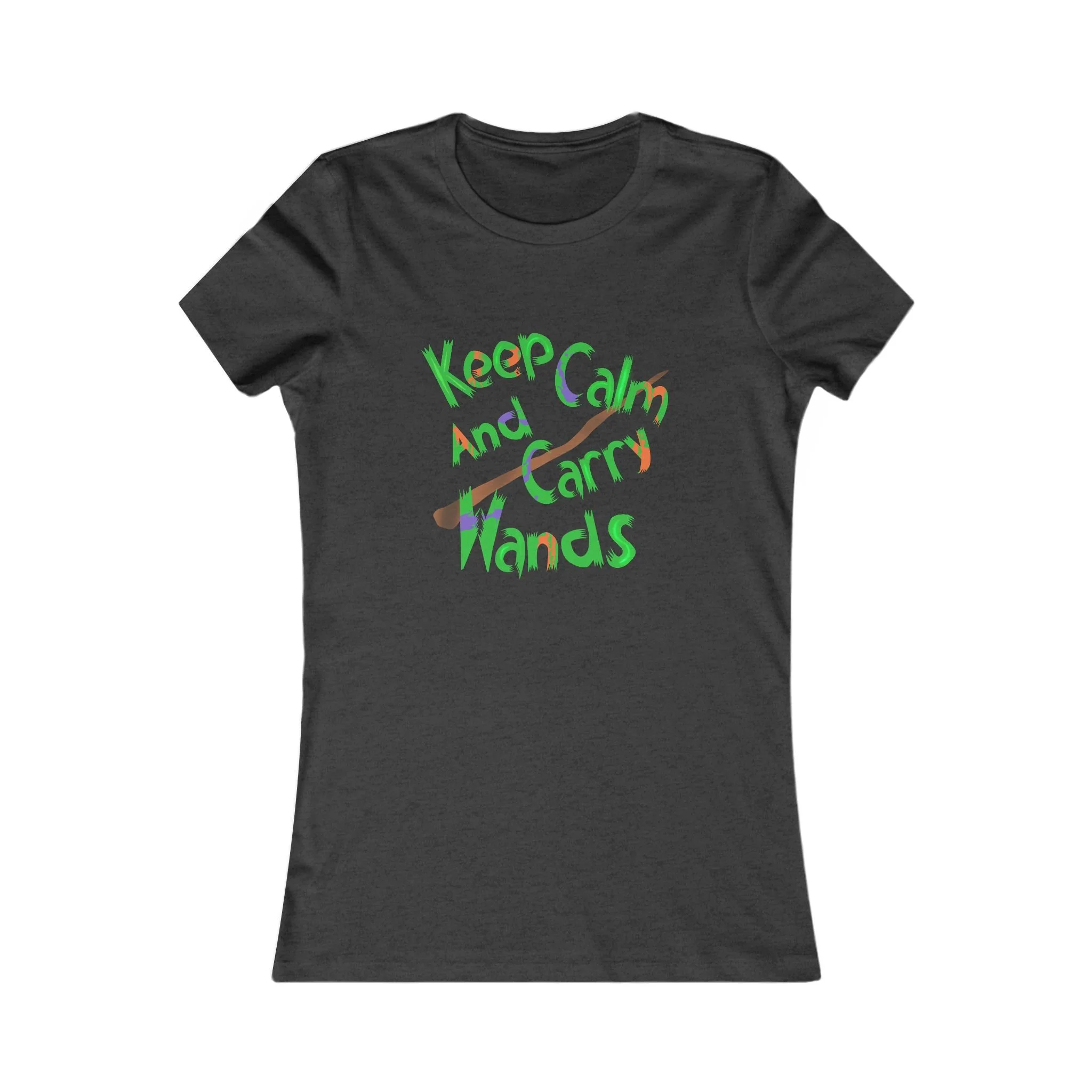 T-shirt says “keep calm and carry wands” in bright green lettering