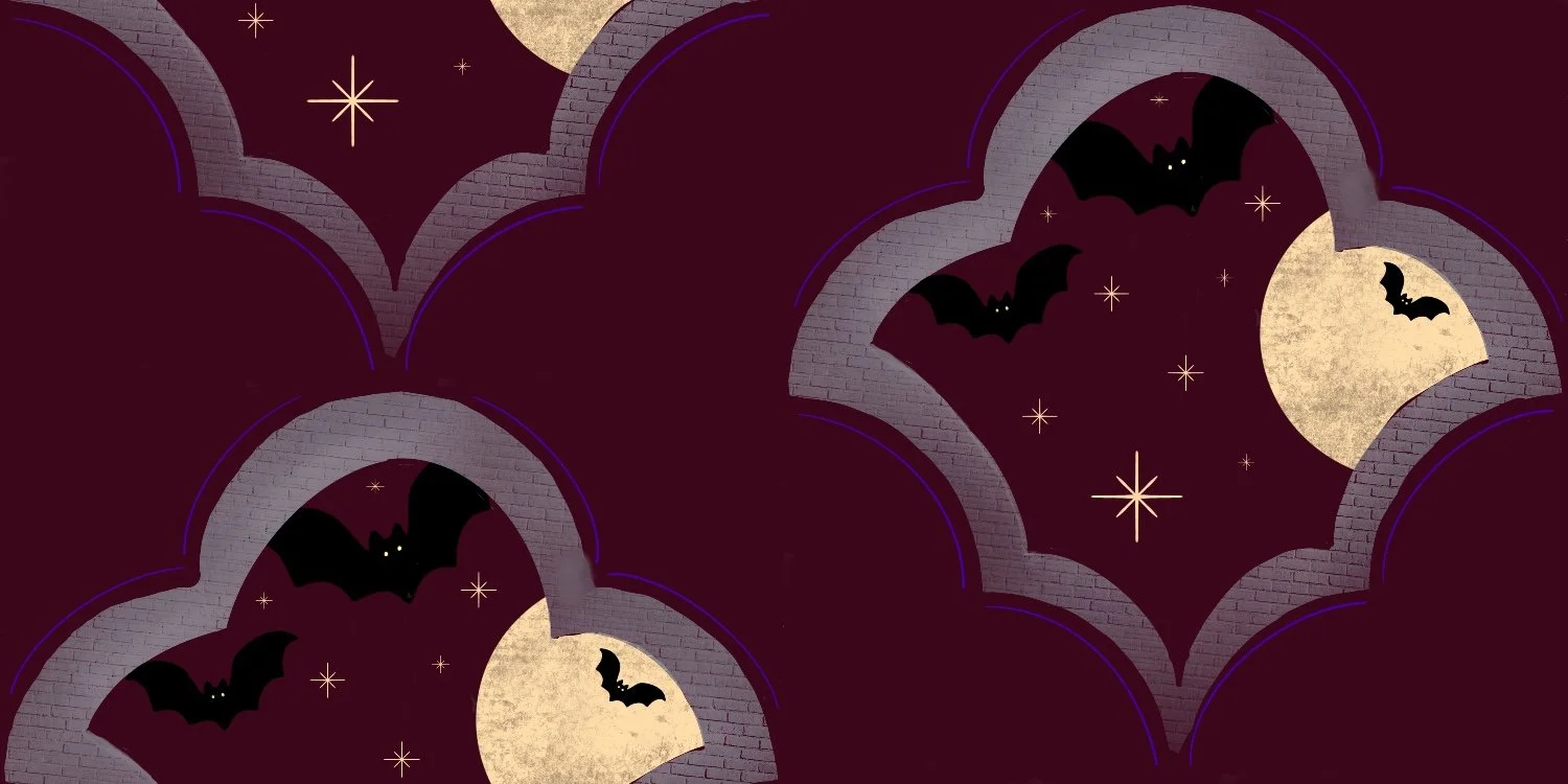 Gothic Window Bats with Moon