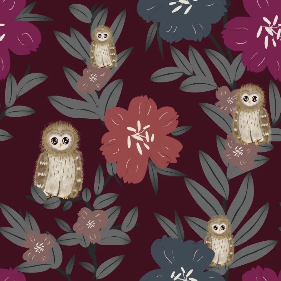 Nocturnal Whispers: Owls & Moonlit Florals