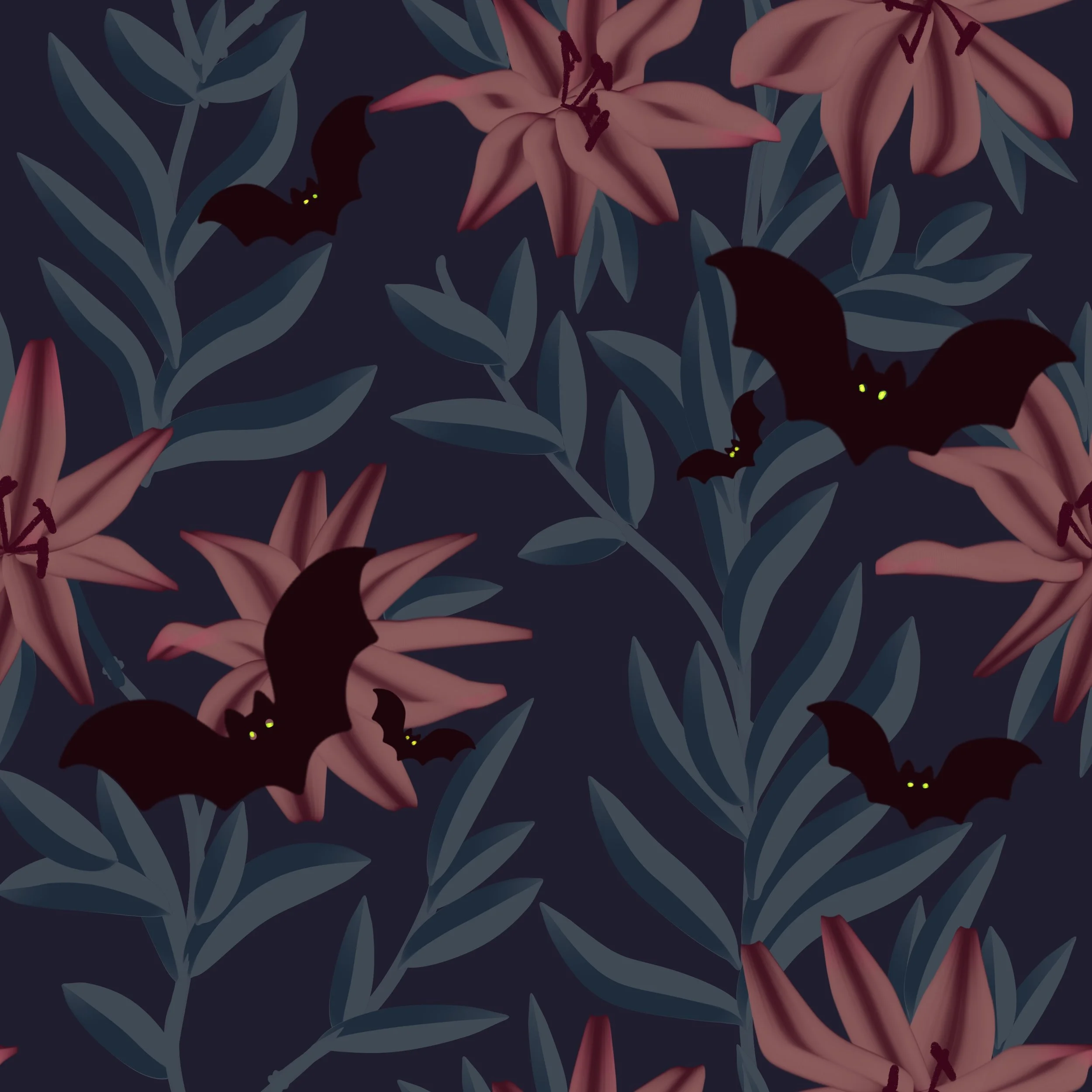 Dark Floral with Bats and Lilies