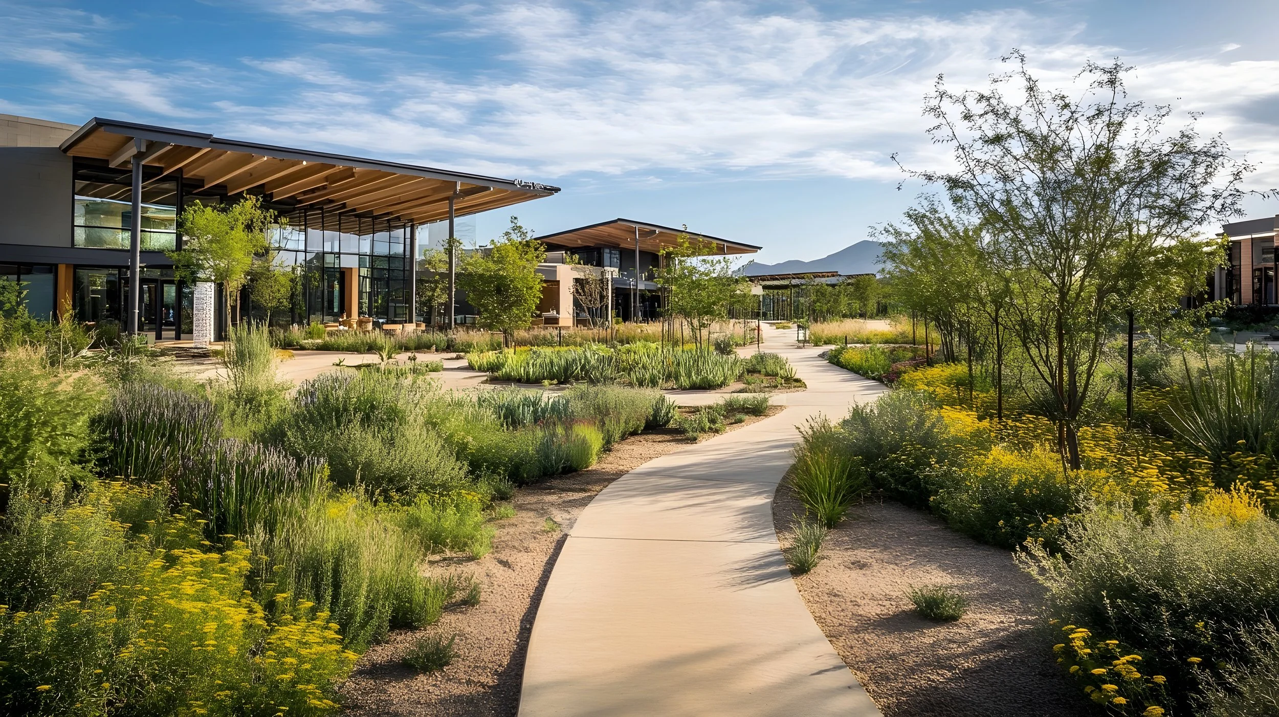 A modern building with angled roofs and extensive glass windows, surrounded by a landscaped garden with a winding concrete pathway, various green shrubs, and yellow flowering plants, with mountains in the background and a blue sky with some clouds.