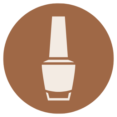 Icon of a nail polish bottle on a brown circular background with a small logo in the top right corner.