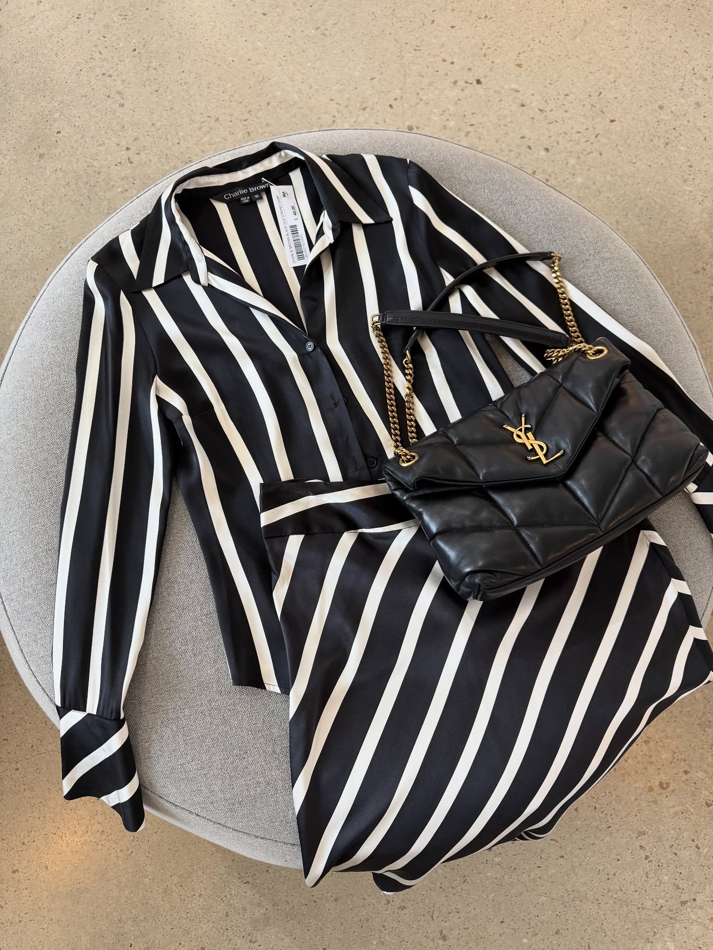 Add to cart 🛍️🛒

Image 1:
Charlie Brown striped silk shirt - size 10 - $40
Charlie Brown striped silk skirt - size 8 - $30
YSL black bag - $2,900

Image 2:
Cecile Bahnsen grey pant and top set - size 10 - $395
Black shoes - size 36 - $15

Image 3:
