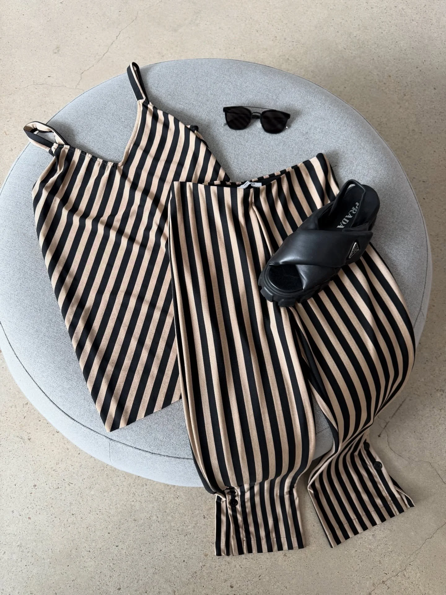 What a lineup! 🙌🏼

Image 1:
Zara stripe set - size S - $70
Prada sandals - $1,000
Saint Laurent sunglasses - $100

Image 2:
Chloe red dress - size 8 - $300
Chloe black bag - $550
Zara heels - size 39 - $50

Image 3:
Seed by Chloe white lace blouse 