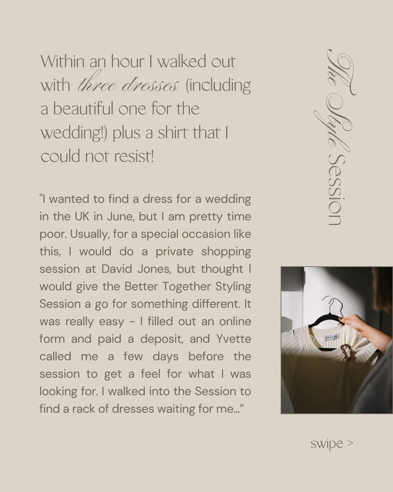 &ldquo;I walked in to find a rack of dresses waiting for me&hellip; and within an hour, walked out with three dresses (including the one for the wedding!)&rdquo;

This is exactly what our Styling Sessions are designed for ✨

For those who are time-po