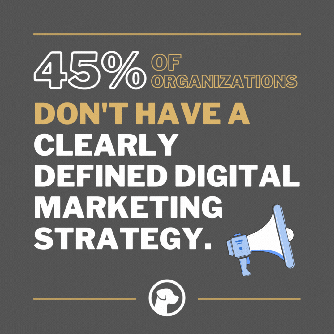 Graphic displaying the statistic that 45% of organizations lack a clearly defined digital marketing strategy, with a megaphone icon and a gray background.