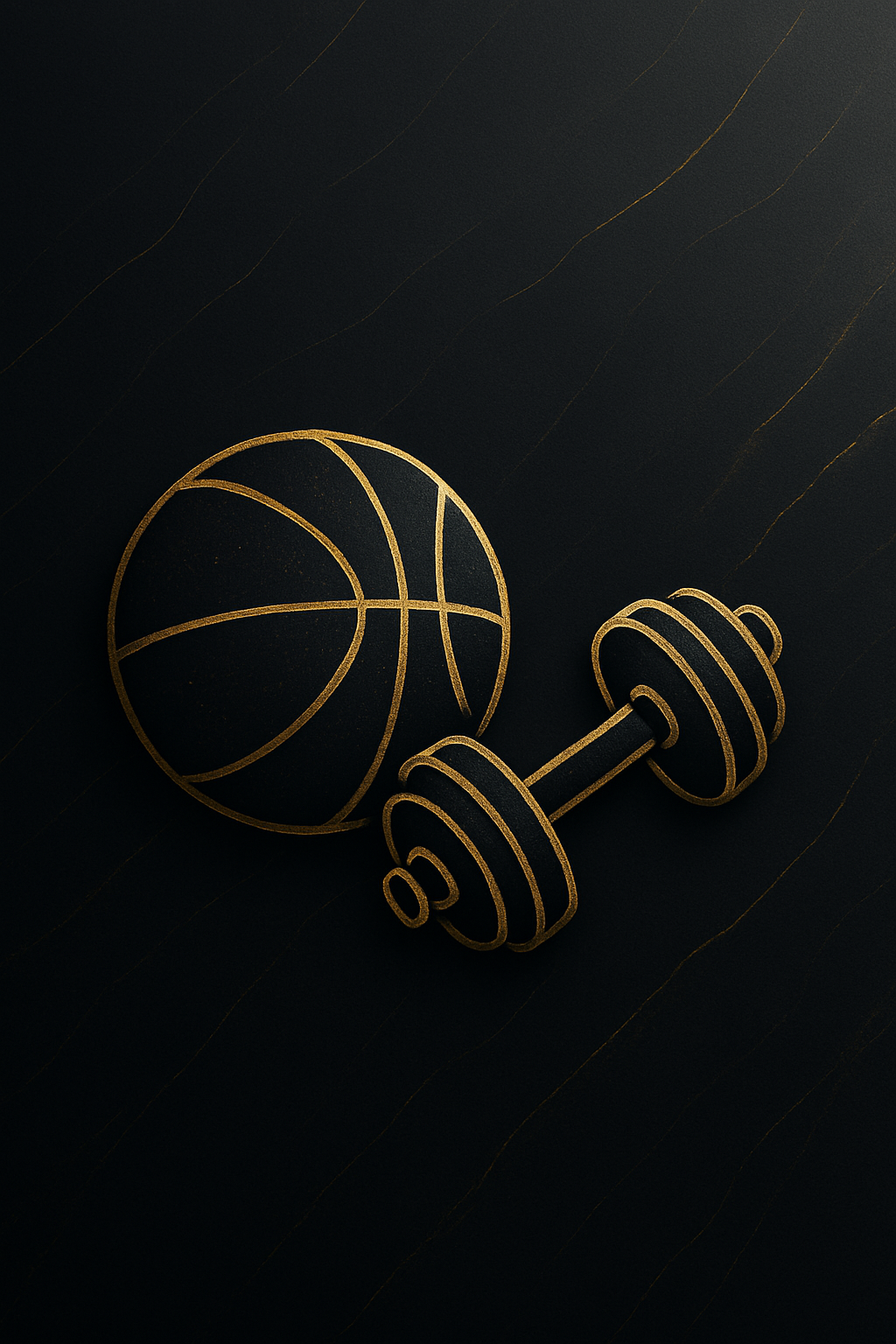 A black background with gold outline illustrations of a basketball and a dumbbell.