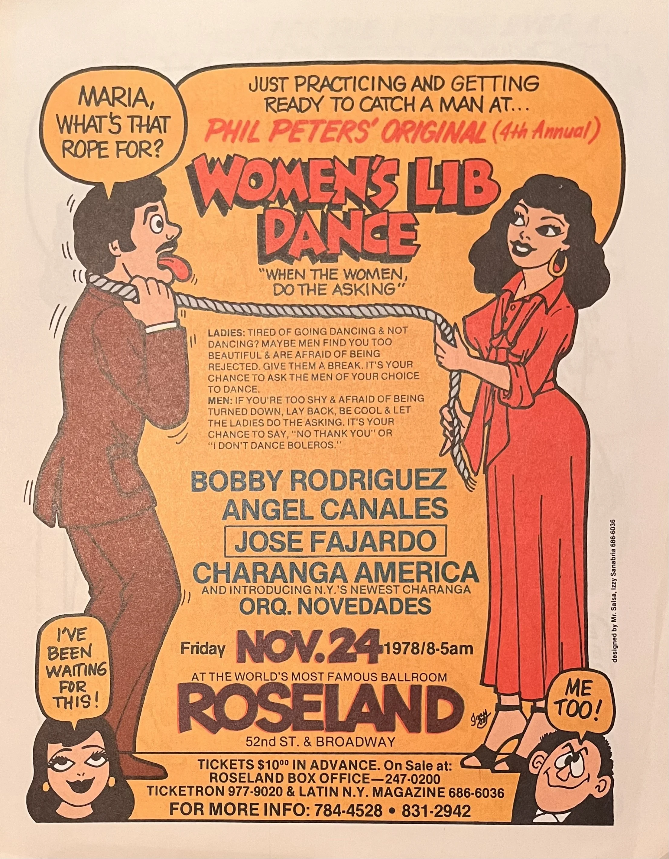 Vintage illustrated poster advertising Phil Peters' fourth annual Women's Lib Dance at Roseland Ballroom in New York on November 24, 1978.