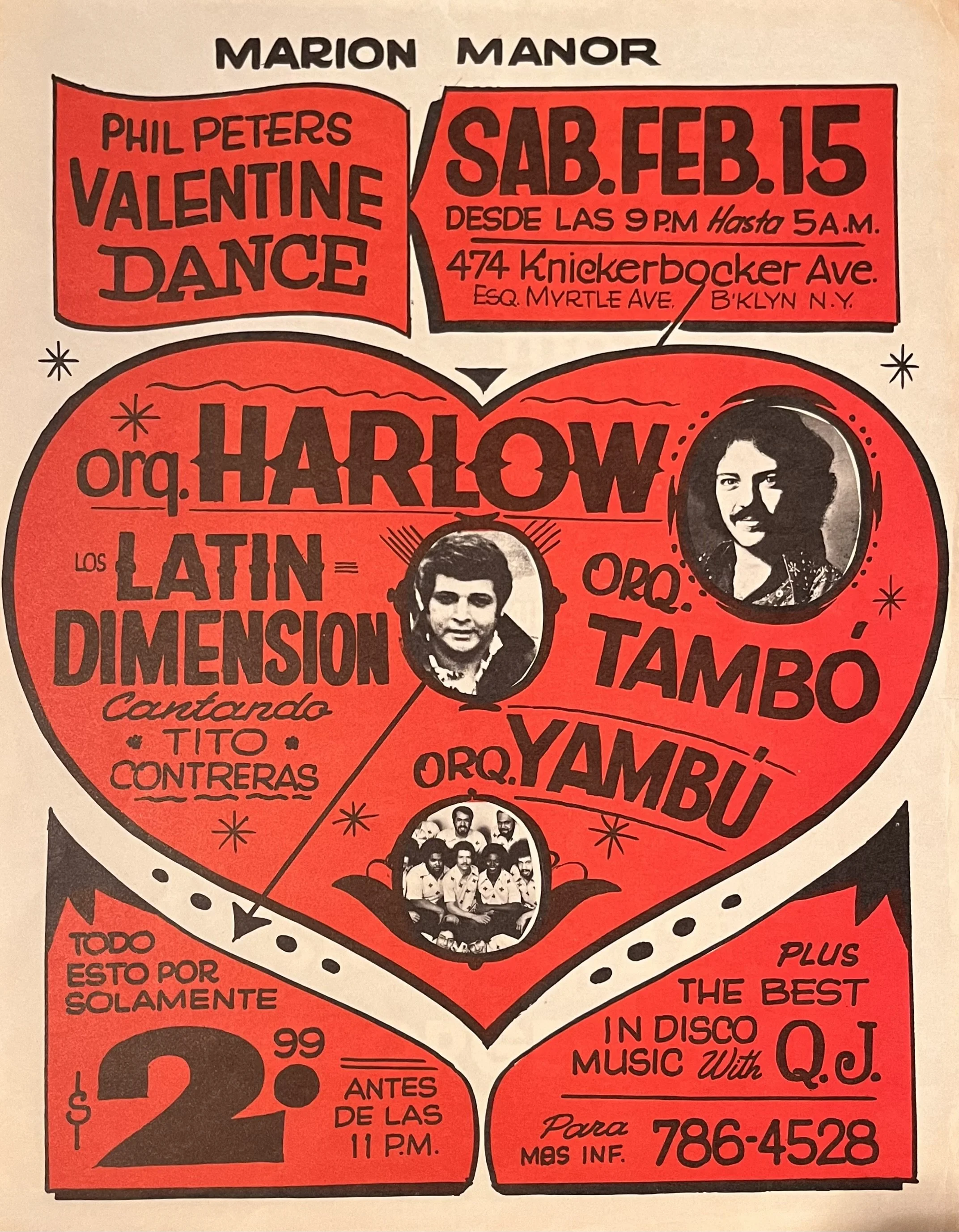 Vintage red-and-black Spanish-language dance flyer for Marion Manor in Brooklyn, featuring Phil Peters, Los Latin Dimension, Orq. Tampico, and a $2 admission price.