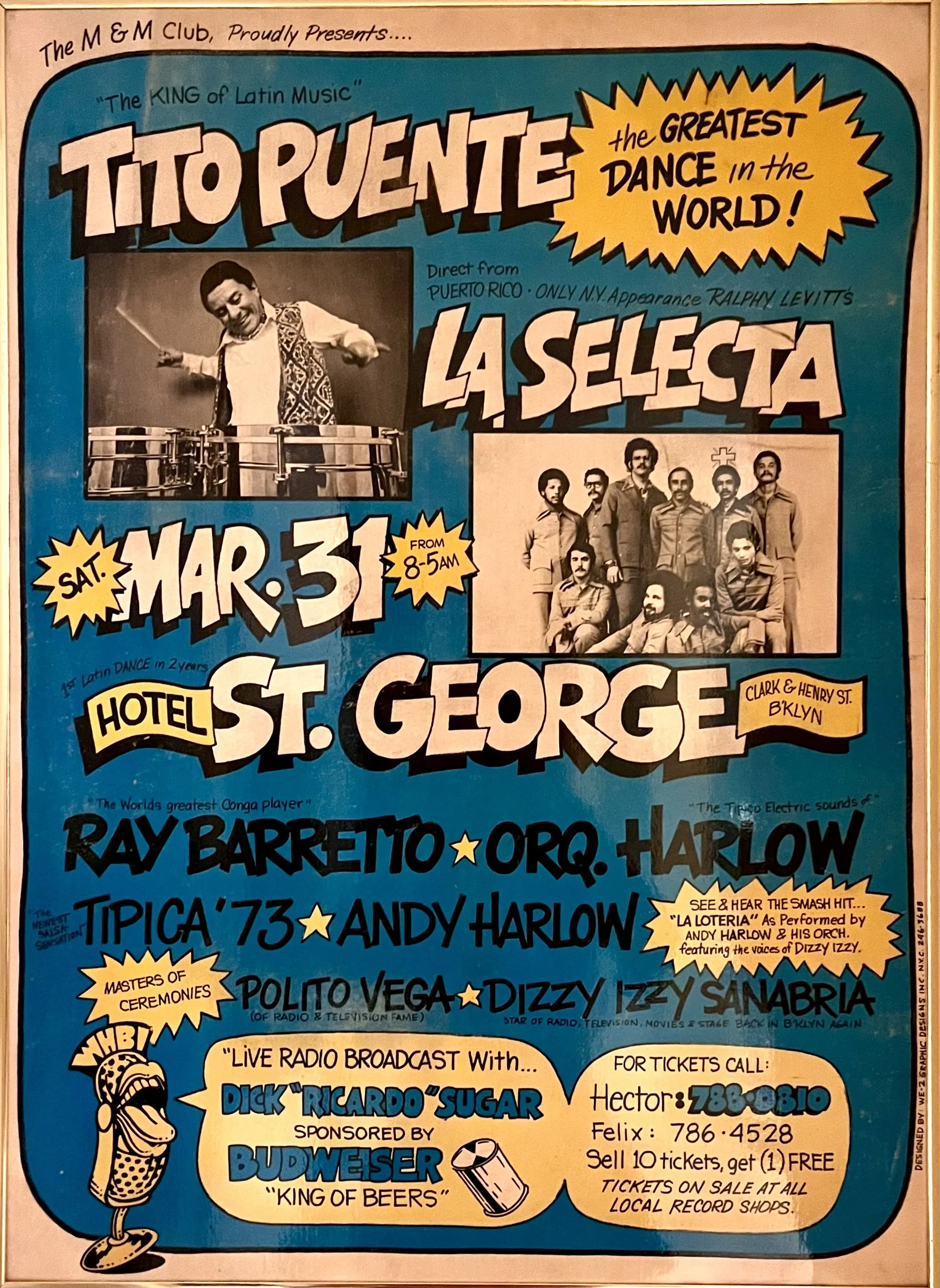 Vintage M&M Club poster promoting Tito Puente and La Selecta at Hotel St. George in Brooklyn, featuring Latin music performers and event details.
