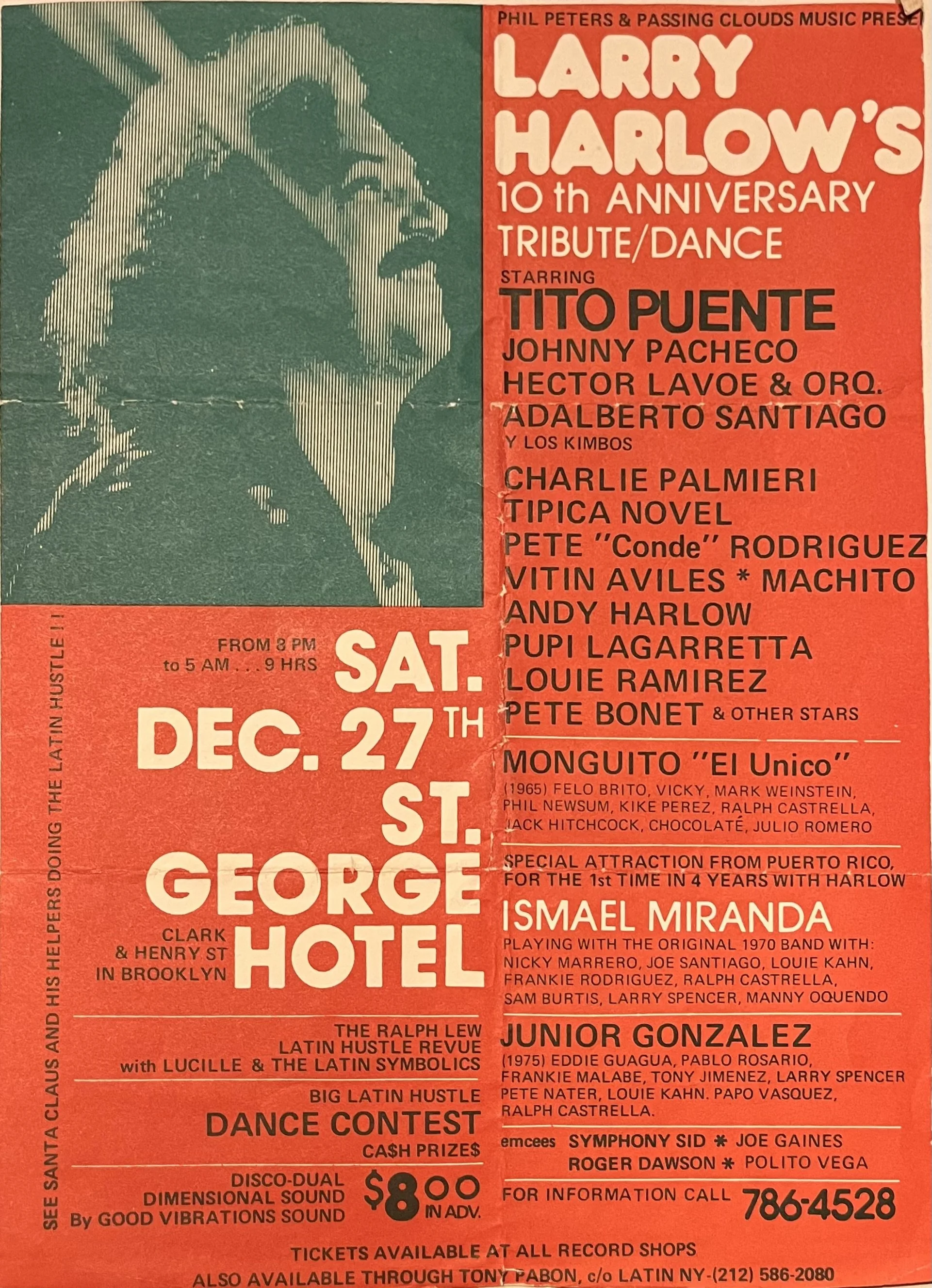 Vintage red concert poster for Larry Harlow’s 10th Anniversary Tribute/Dance at the George Hotel in Brooklyn, featuring Tito Puente, Johnny Pacheco, Hector LaVoe, Ismael Miranda, Junior Gonzalez, and other Latin music performers.