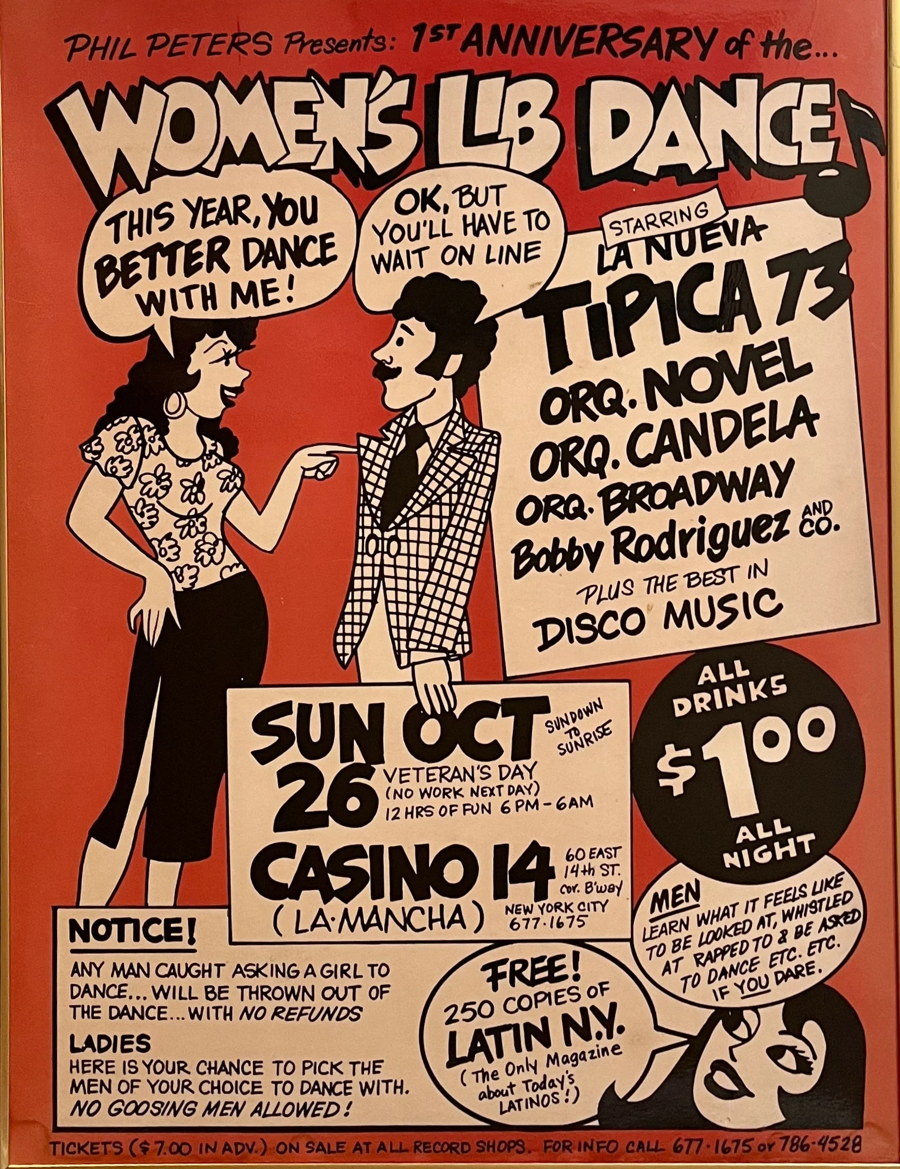 Vintage illustrated poster advertising Phil Peters’ first anniversary Women’s Latin Dance event, featuring female dancers, disco music, a November 26 date, and casino venue details.