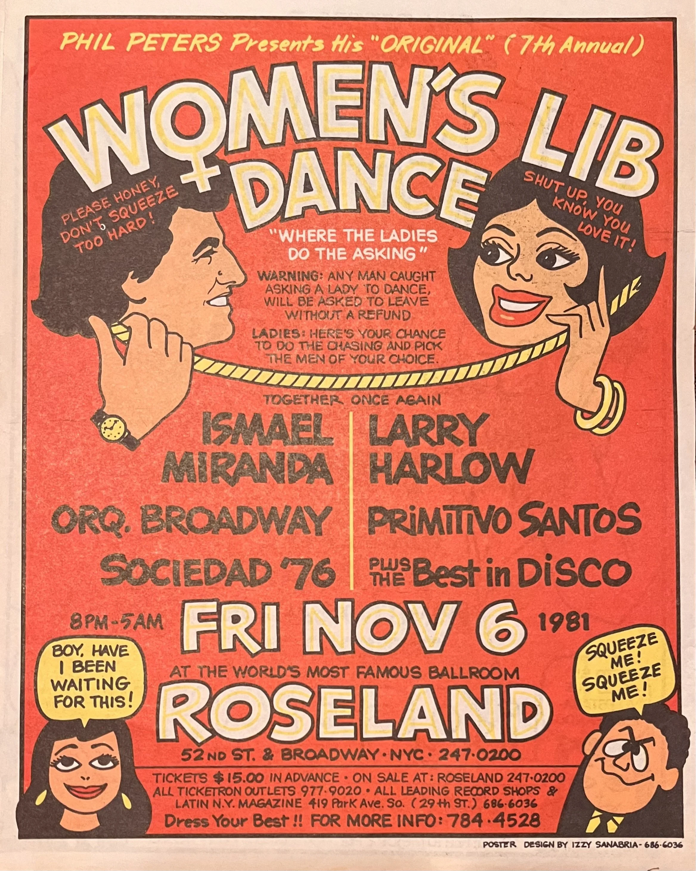 Vintage illustrated poster advertising “Women’s Dance” at Roseland Ballroom in New York City on February 6, 1981.
