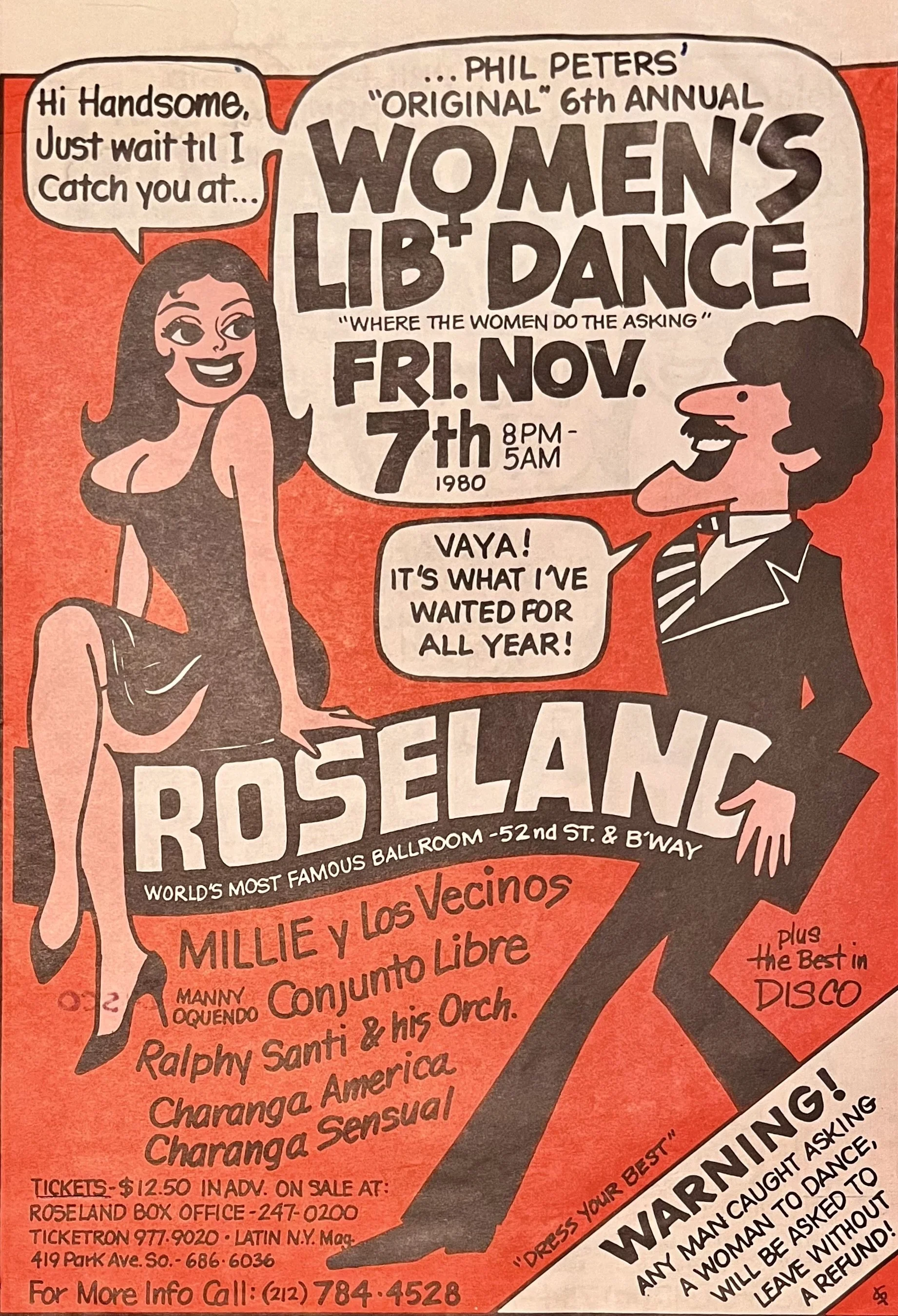 Vintage 1980 Roseland nightclub poster advertising Phil Peters’ Original 6th Annual Women’s Lib Dance in New York City, featuring illustrated dancers and event details.