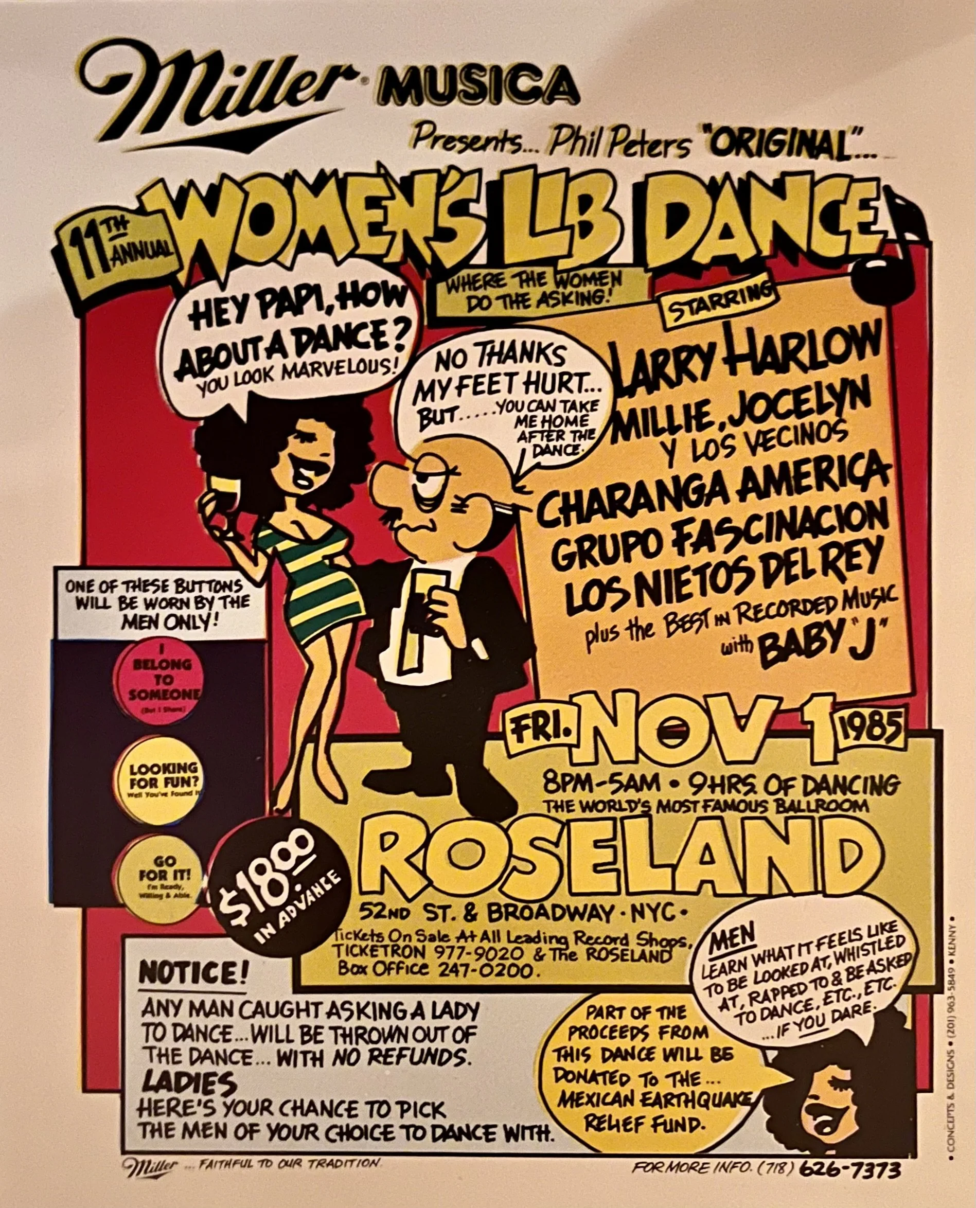Vintage poster advertising the 11th annual Women's Lib Dance at Roseland Ballroom in New York City, November 1, 1985.