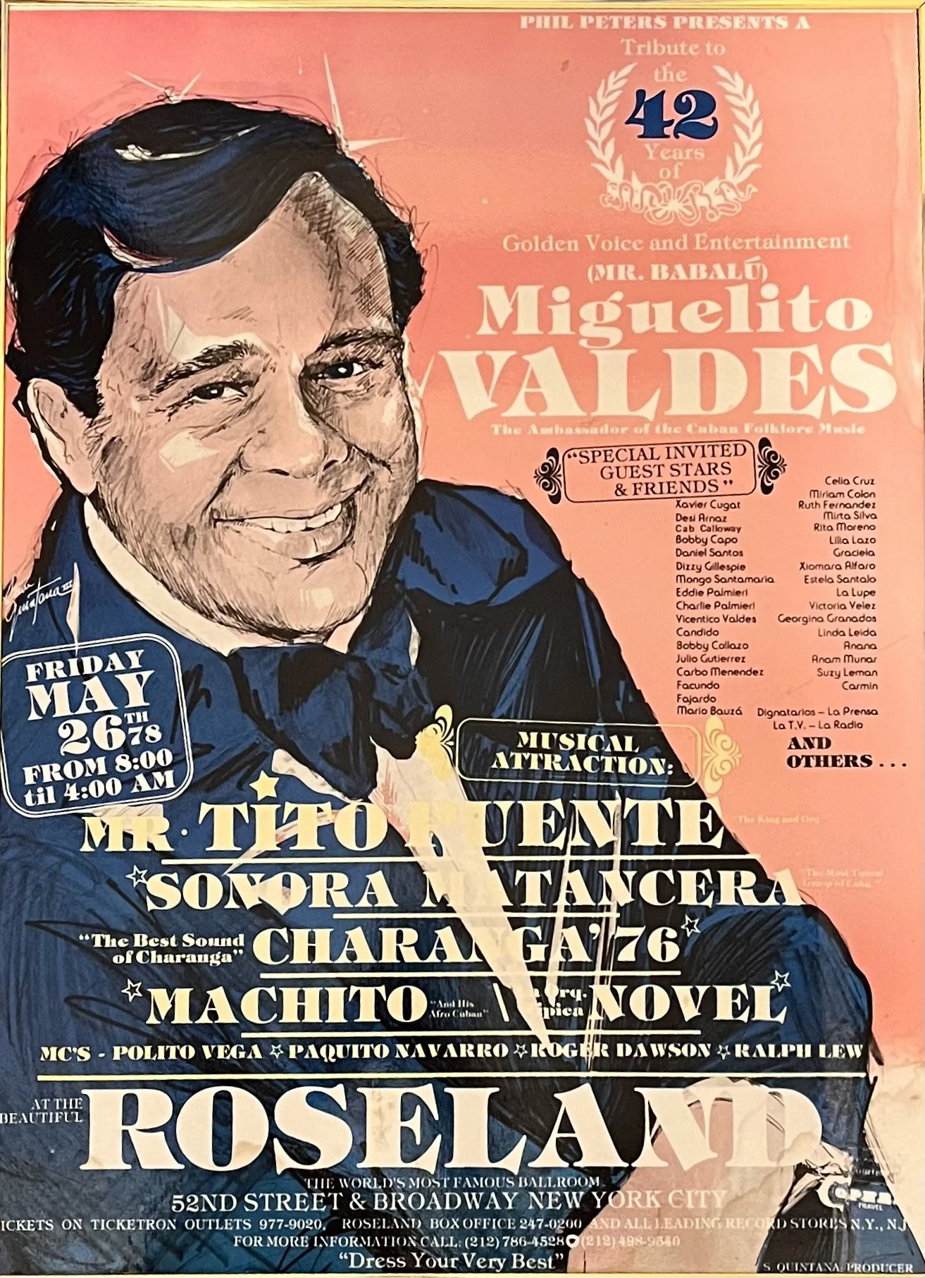 Vintage concert poster for Miguelito Valdés at New York City's Roseland Ballroom, featuring an illustrated portrait and a lineup of Latin music performers.
