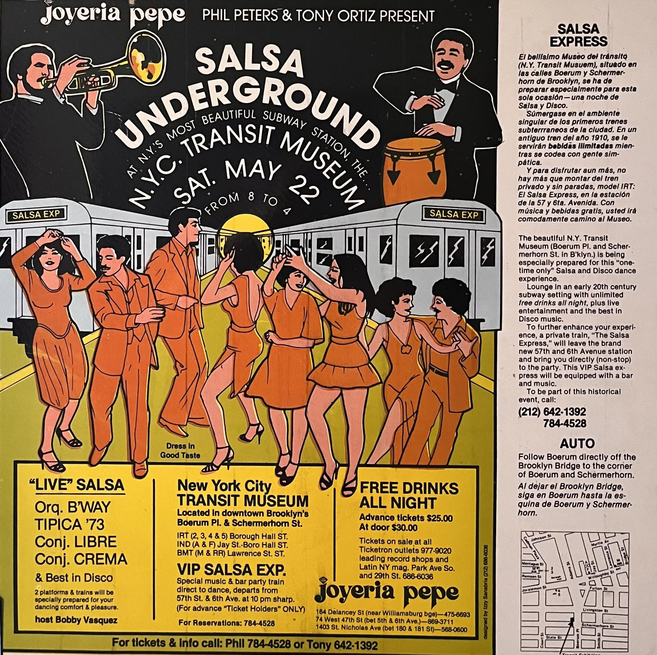 Vintage illustrated flyer for a salsa and disco dance party at New York City’s Transit Museum, featuring musicians, dancers, subway cars, event details, and a Brooklyn map.