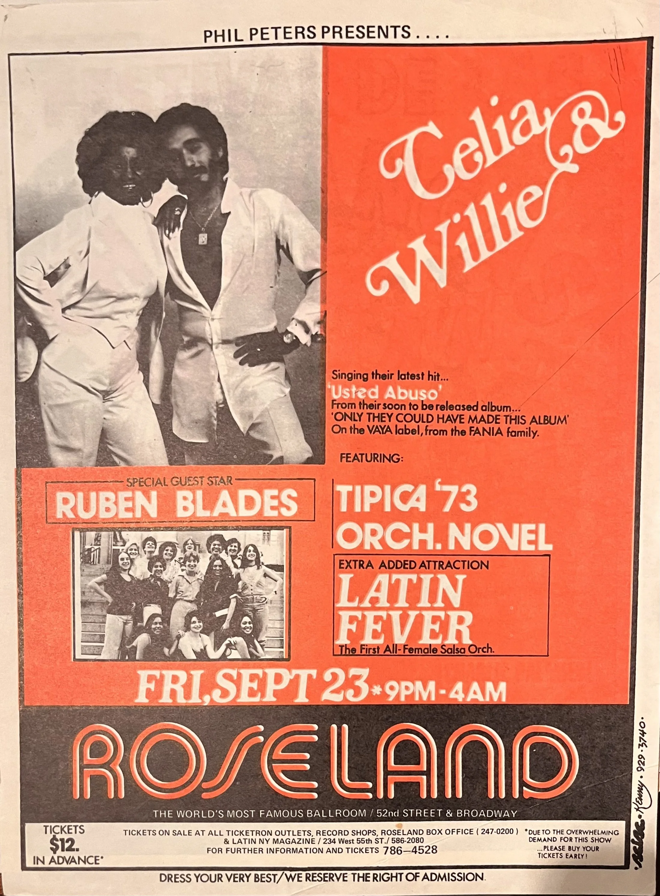 Vintage Roseland Ballroom concert poster advertising Celia Cruz and Willie Colón with Rubén Blades, Tipica ’73, Orch. Novel, and Latin Fever on September 23.