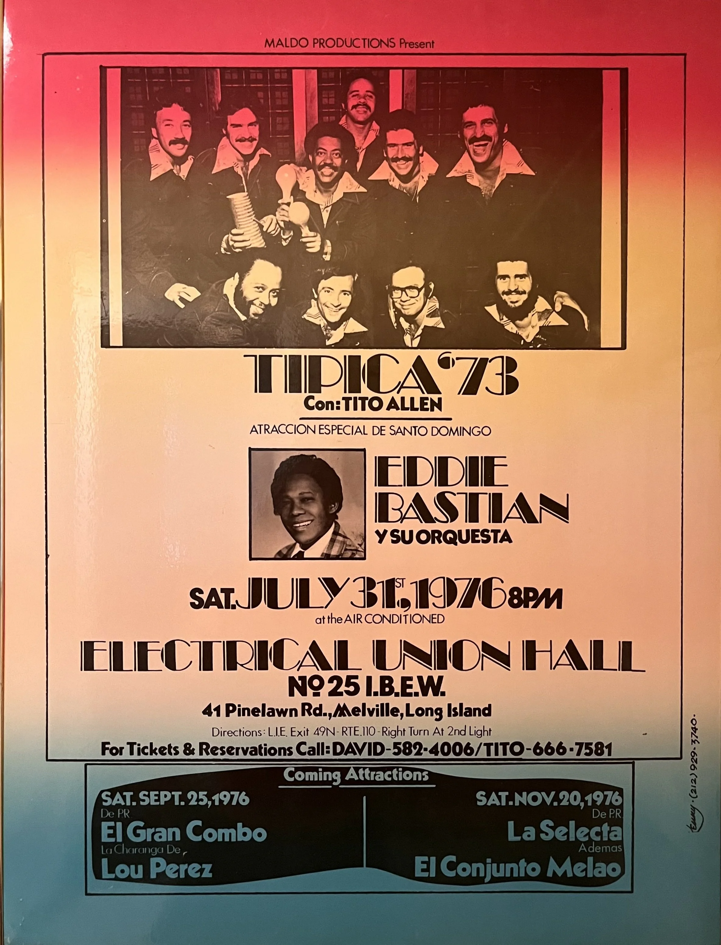 Vintage 1976 concert poster for Tito Puente and Eddie Bastiaan at Electrical Union Hall in Melville, Long Island.