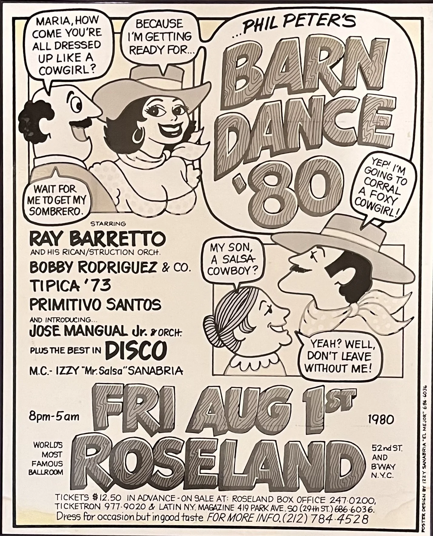Vintage 1980 flyer for Phil Peter’s Barn Dance ’80 at Roseland Ballroom in New York City, featuring cartoon cowboys and cowgirls and Latin music performers.