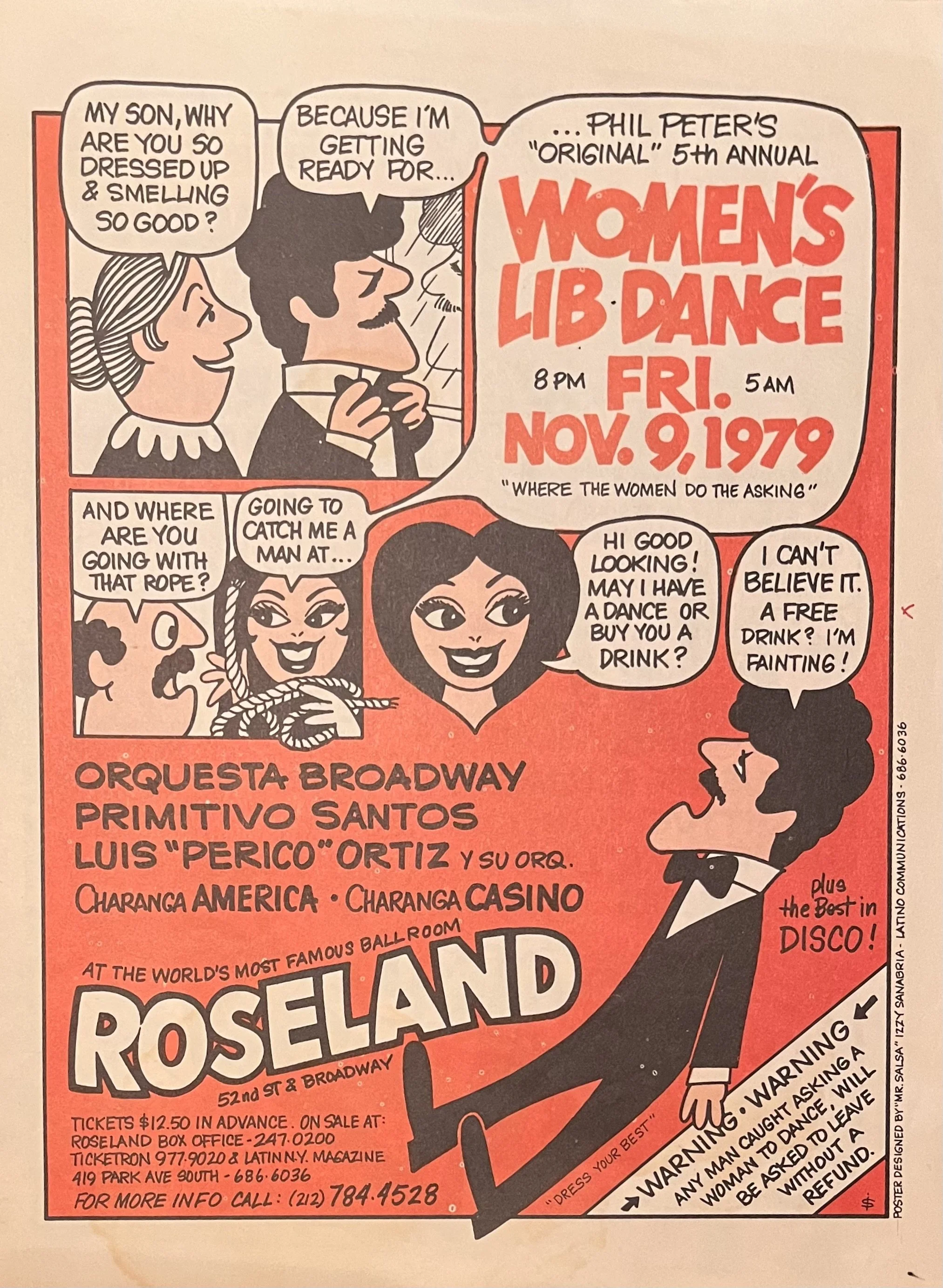 Vintage illustrated poster advertising Phil Peters’s fifth annual Women’s Liberation Friday dance at Roseland Ballroom, November 9, 1979, with cartoon women and couples.