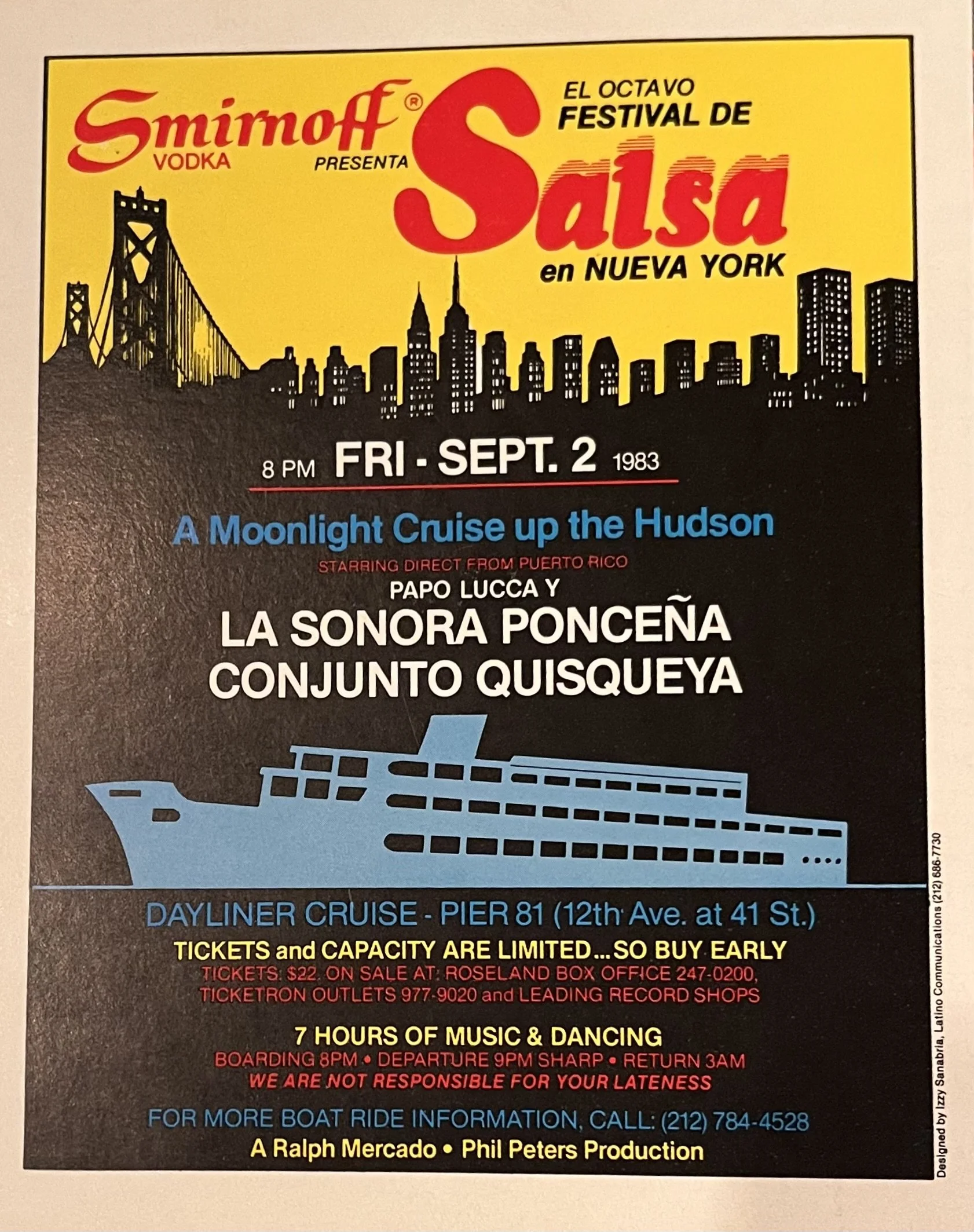 Vintage 1983 Smirnoff Salsa Festival poster advertising a moonlight Hudson River cruise in New York featuring Papo Lucca, La Sonora Ponceña, and Conjunto Quisqueya.