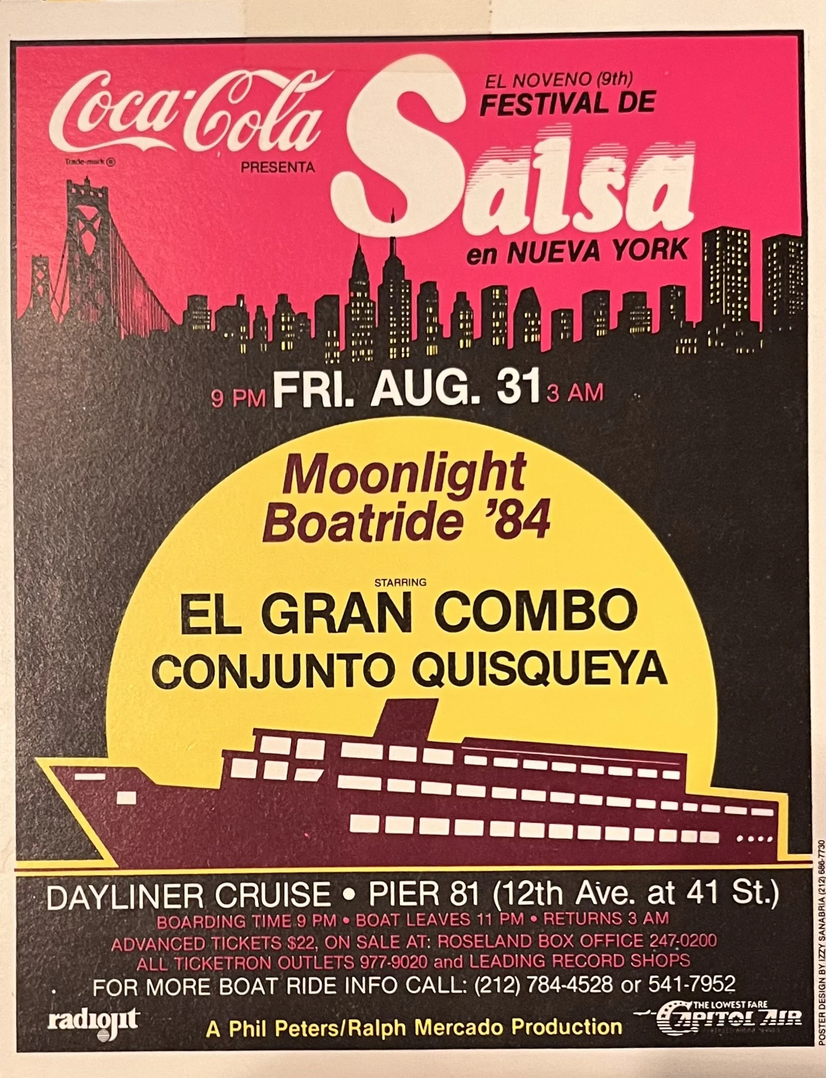 Vintage Coca-Cola poster for the ninth Salsa Festival in New York, featuring the Moonlight ‘84 boat ride with El Gran Combo and Conjunto Quisqueya.