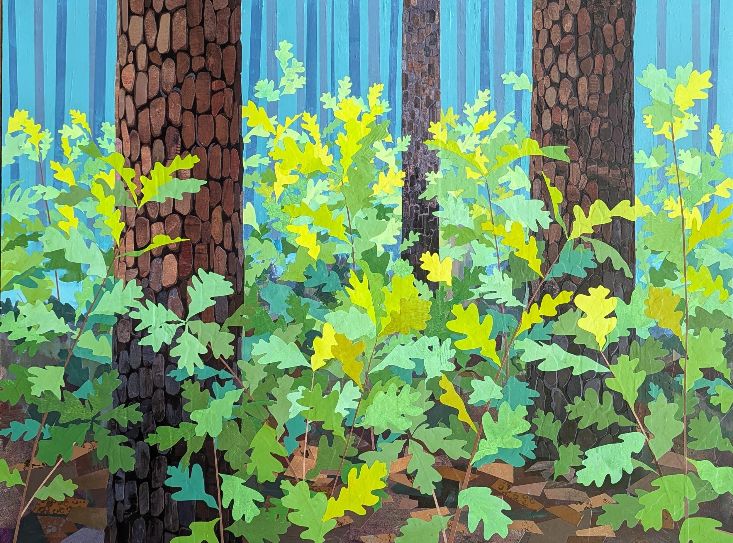 After (the) Burn, 2025, Acrylic and painted paper on panel, 36x40