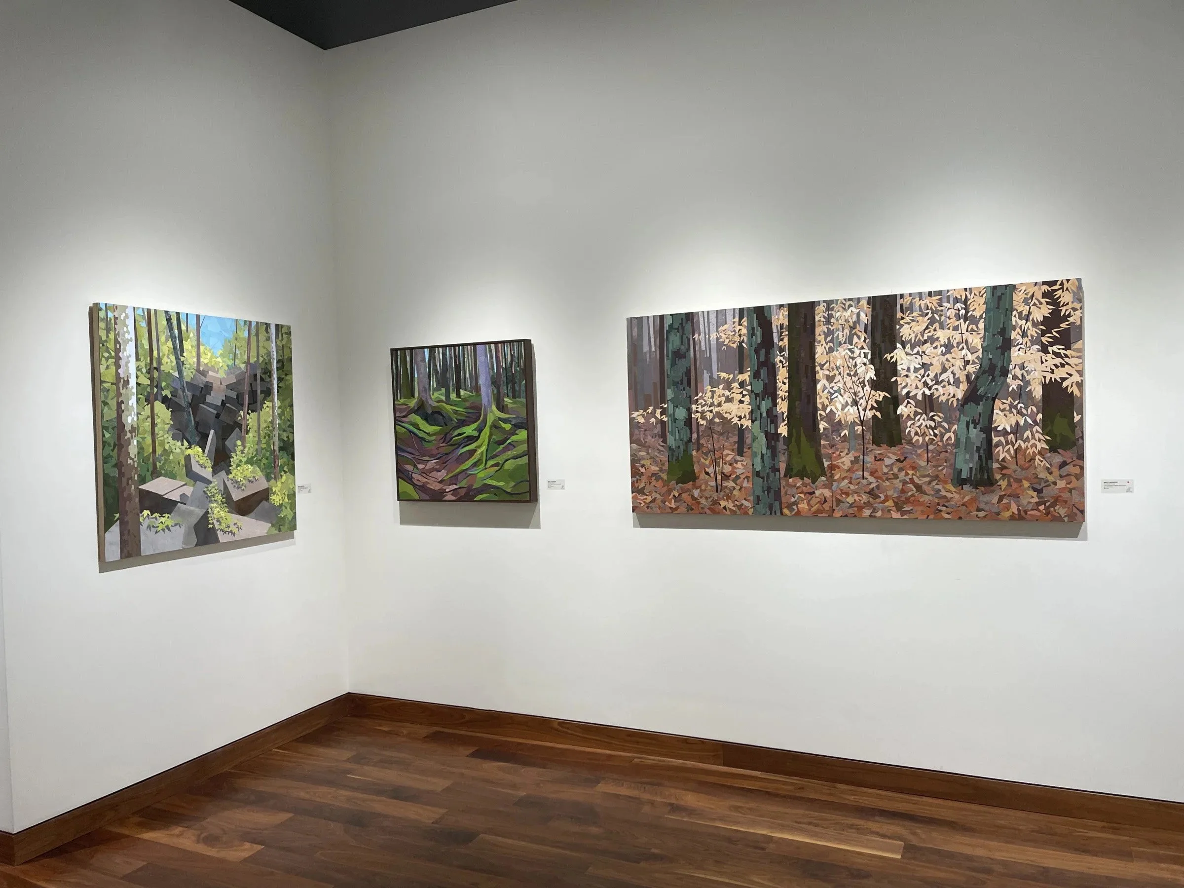 Three paintings of forests on gallery wall.