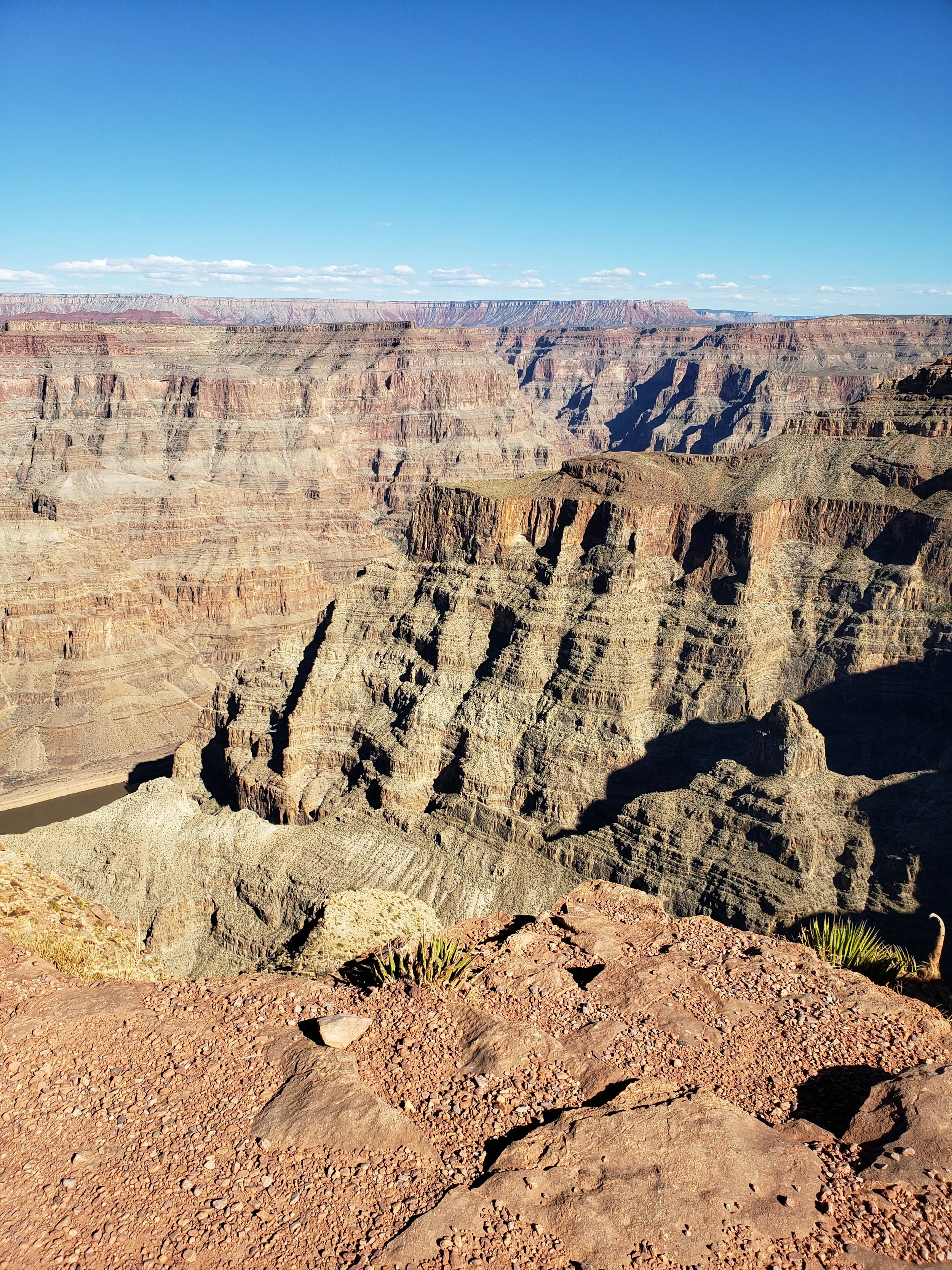 Vista do Grand Canyon com céu azul, formações rochosas e rio na base.