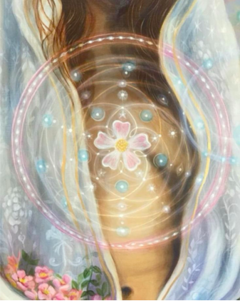 A person's midsection with a digitally added glowing, magical, pink flower surrounded by swirls, circles, and sparkles.