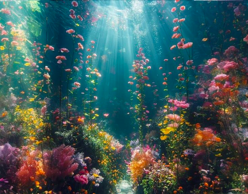 Underwater scene of a colorful coral reef with various pink, yellow, and purple corals and aquatic plants, illuminated by sunlight rays filtering through the water.