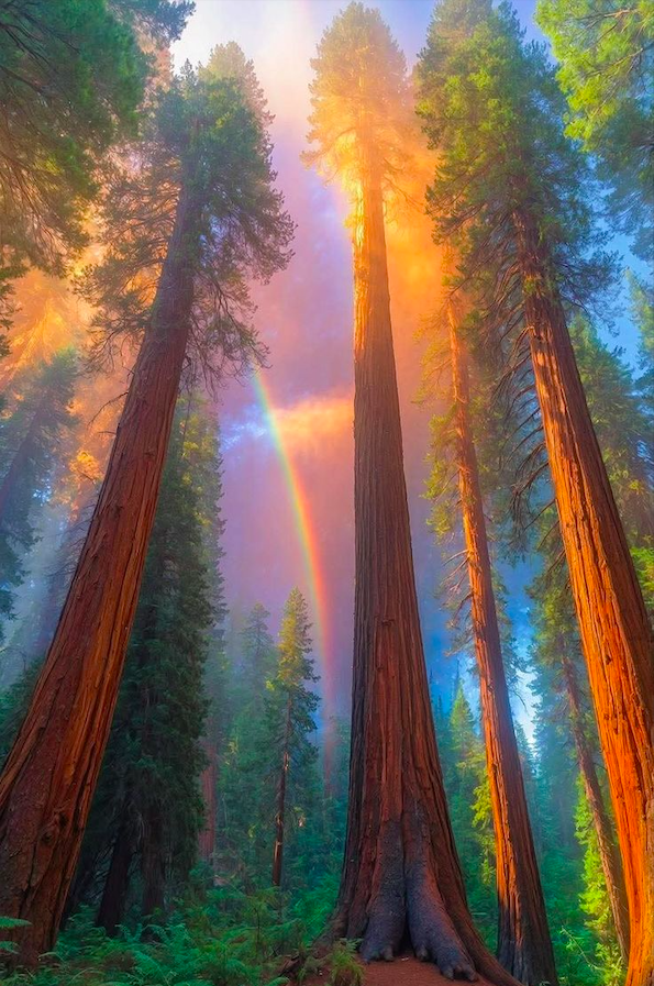 Tall redwood trees in a forest with sunlight filtering through the canopy, a rainbow in the sky, and some blue sky visible through the clouds.
